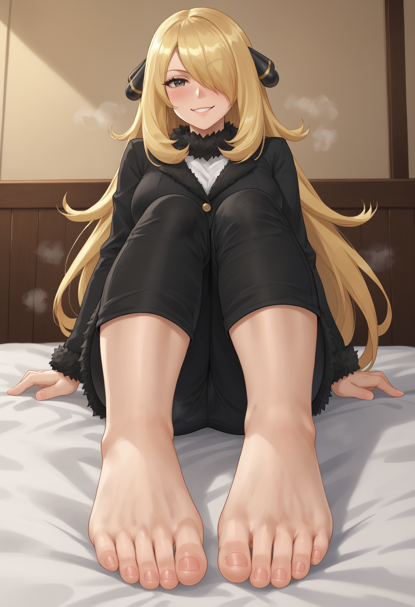 1girls, ai generated, blonde hair, cynthia (pokemon), feet, female, foot fetish, foot focus, pokemon, shiroppo, smile, steam