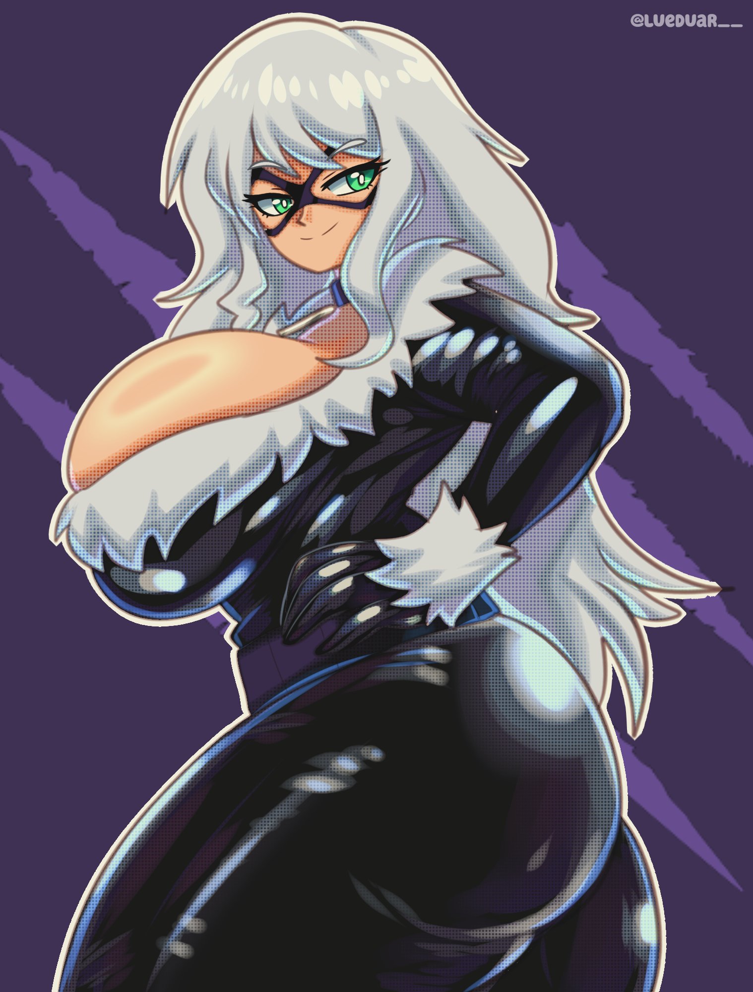 1girls, alternate breast size, antiheroine, ass, big ass, big breasts, black cat (marvel), blonde hair, bodysuit, breasts, bursting breasts, choker, cleavage, collar, curvy, domino mask, enticing, felicia hardy, female, female only, fur trim, gloves, green eyes, hand on hip, hips, huge breasts, human, human only, large breasts, light skin, light-skinned female, long hair, lueduar, lueduartv, marvel, marvel comics, mask, massive breasts, revealing clothes, seducing, seduction, seductive, seductive body, seductive eyes, seductive gaze, seductive look, seductive pose, seductive smile, simple background, skin, skin tight, smile, solo, solo female, spider-man (series), tagme, teasing, teasing viewer, temptation, tempting, tempting viewer, thick, thick thighs, thighs, tight, tight clothes, tight clothing, viewer, voluptuous, voluptuous female, white hair, wide hips