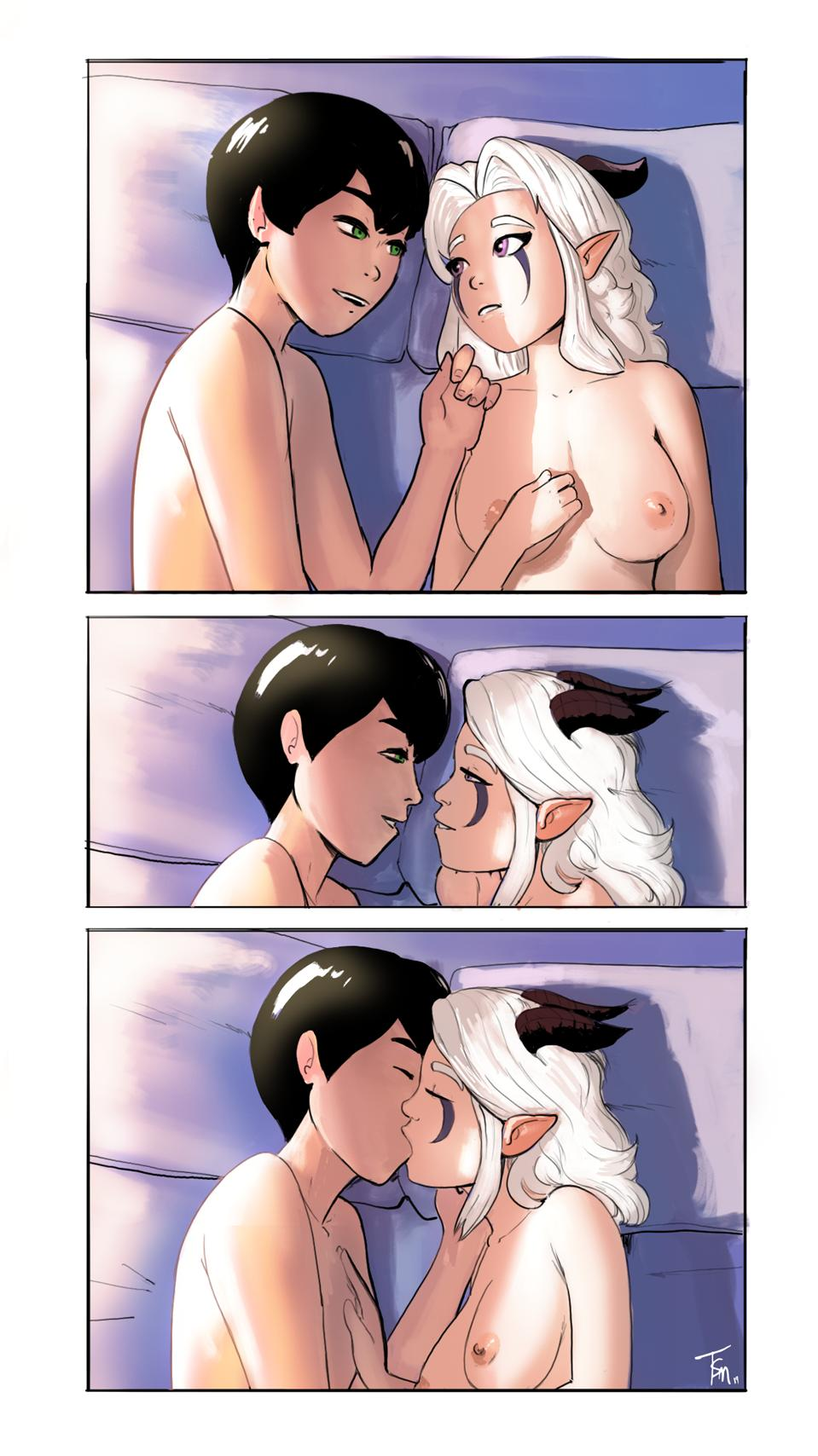 1boy 1girls after_sex breasts callum_(the_dragon_prince) comic couple cute elf face_tattoo happy_sex horns human interracial interspecies kissing looking_at_partner male_human/female_elf moonshadow_elf naked nipples pink_skin pointy_ears post-orgasm rayla_(the_dragon_prince) romantic romantic_couple softcore sweet tender the_dragon_prince white_hair wholesome