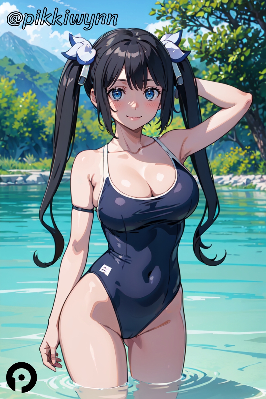 ai_generated arm_behind_head arm_up armpits ass_visible_through_thighs bangs bare_shoulders black_hair blue_eyes blue_sky blush breasts cameltoe cleavage closed_mouth cloud collarbone covered_navel cowboy_shot day dungeon_ni_deai_wo_motomeru_no_wa_machigatteiru_darou_ka female hair_ornament hair_ribbon hestia_(danmachi) highleg highleg_swimsuit lake large_breasts long_hair looking_at_viewer nature one-piece_swimsuit outdoors pikkiwynn rei_no_himo ribbon school_swimsuit skindentation sky smile solo standing swimsuit thighs tree twintails wading water