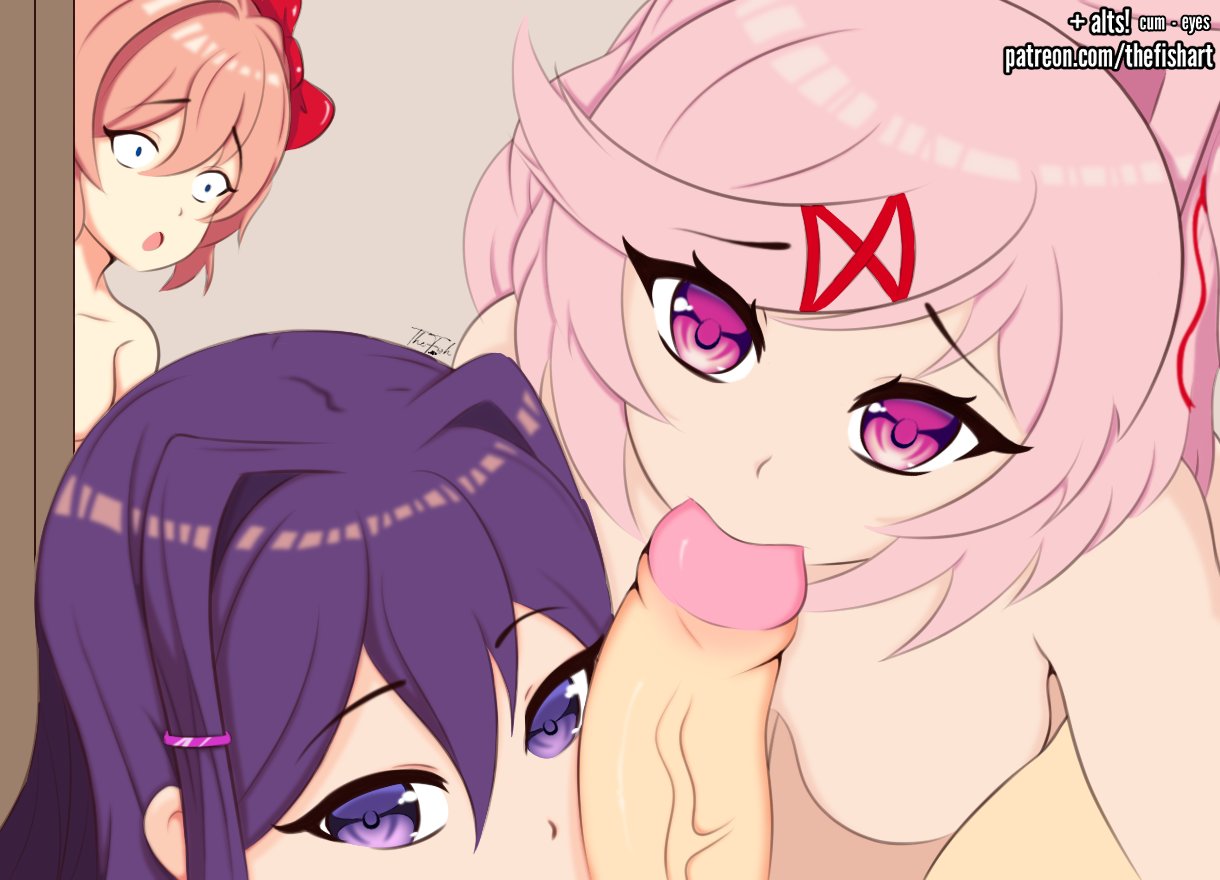 1boy 2024 3girls artist_name bow breasts collaborative_fellatio doki_doki_literature_club fellatio female female_focus hair_between_eyes hair_ornament hair_ribbon hairclip human light-skinned_female light_skin looking_at_viewer male male_pov multiple_girls natsuki_(doki_doki_literature_club) nude nude_female orange_hair penis pink_eyes pink_hair purple_eyes purple_hair ribbon sayori_(doki_doki_literature_club) short_hair small_breasts surprised thefishart threesome veiny_penis walk-in watermark yuri_(doki_doki_literature_club)