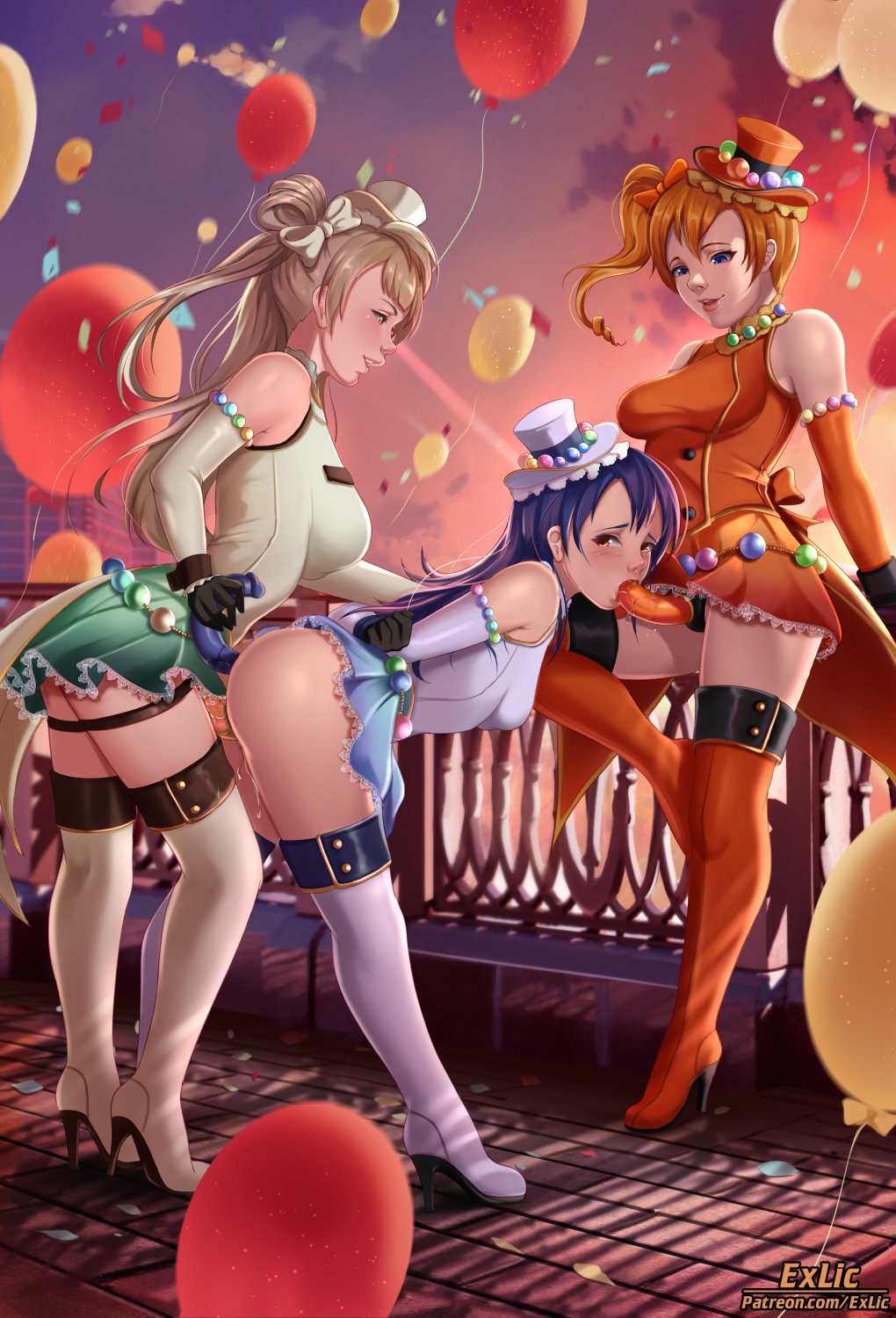 3girls ahe_gao anal anal_object_insertion arms_behind_back artist_logo artist_name ass balloon bent_over blue_eyes blue_hair blush boots bound bound_arms bow breasts brown_eyes clothed_sex cloud cock_and_dildo_double_penetration commission confetti dildo dildo_in_ass double_dildo double_penetration dress dubious_consent elbow_gloves exlic fellatio female female/female/female female_only femdom fff_threesome floor from_behind gloves group_sex hairbow hand_on_another's_back hat highres kousaka_honoka large_breasts lesbian lesbian_sex light_brown_hair lipstick long_hair looking_at_another looking_back looking_down love_live! love_live!_school_idol_project makeup master_and_slave medium_breasts minami_kotori multiple_girls no_panties object_insertion open_mouth oral orange_hair orgasm outside outside_sex patreon_username ponytail public public_indecency pussy_juice realistic saliva sex sex_from_behind sex_toy shirt skirt sky small_breasts smile sonoda_umi spitroast standing standing_doggy_style standing_on_one_leg standing_sex standing_spitroast strap-on sunset thigh_boots thigh_high_heels threesome vaginal_penetration yellow_eyes yuri