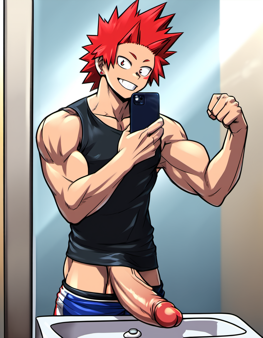 ai_generated big_penis boku_no_hero_academia eijirou_kirishima flexing gay holding_phone kirishima_eijirou large_penis looking_at_viewer muscular muscular_male presenting_penis pulled_down_pants red_eyes red_hair self_upload selfie sink sole_male solo tagme taking_picture taking_selfie tank_top