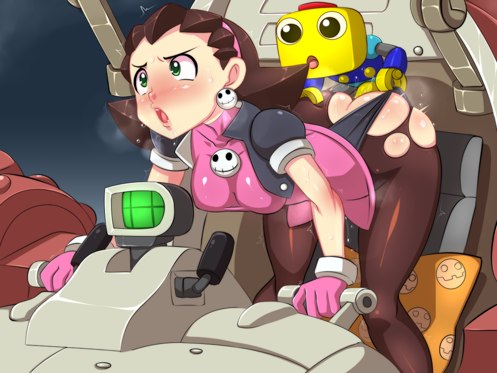 1boy 1girls ambiguous_penetration brown_hair capcom clothing duo female from_behind green_eyes hair kibazoku male mega_man mega_man_legends open_mouth penetration penis robot servbot sex spread_legs straight torn_clothes tron_bonne underling video_games