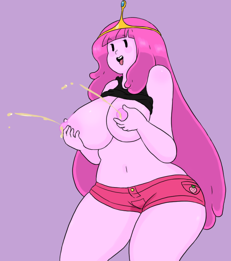 adventure_time blush bonnibel_bubblegum breasts chubby chubby_female crown eyebrows eyelashes hair hoshime lactation large_breasts long_hair midriff milk milking milking_breasts milking_self pink_body pink_hair pink_skin princess_bubblegum purple_background shorts slightly_chubby smile smiling thick_thighs tiara tongue tongue_out