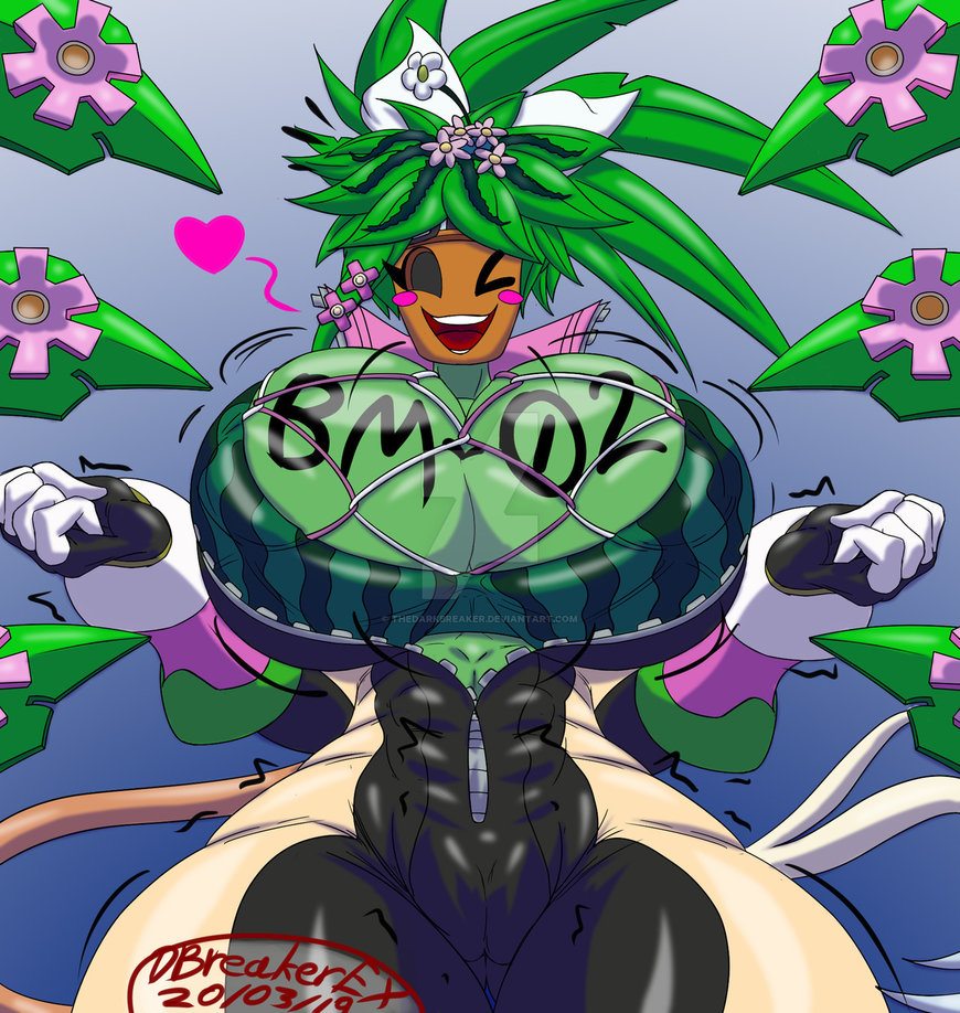 1girls abs anthro big_breasts blaster_master blaster_master_zero blaster_master_zero_2 blush bodysuit clenched_hands flower green_hair green_skin heart kanna_(blaster_master) large_breasts looking_at_viewer mob_face motion_lines plant_girl plantie smile teeth thedarkbreaker thick_thighs trembling unzipped_bodysuit watermelon_bra watermelon_nets wink zipper