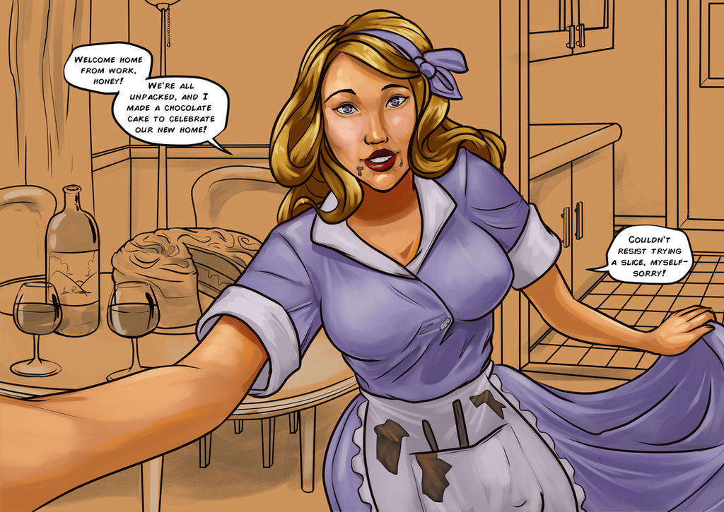 1girls 2022 60's_theme apron blonde_hair breasts cake cake_slice extrabaggageclaim food_stains housewife living_room looking_at_viewer milf talking_to_partner talking_to_viewer text text_bubble weight_gain_sequence wife wife_and_husband