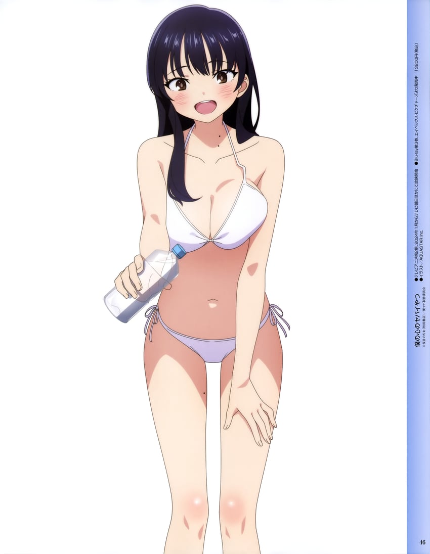 bare arms, bare belly, bare legs, bare shoulders, bare thighs, belly button, big breasts, bikini, black hair, blush, boku no kokoro no yabai yatsu, bottle, breasts, brown eyes, cleavage, female, hand on thigh, long hair, megami magazine, mole, navel, official art, open mouth, shiny skin, smile, swimsuit, thighs, water bottle, white bikini, yamada anna