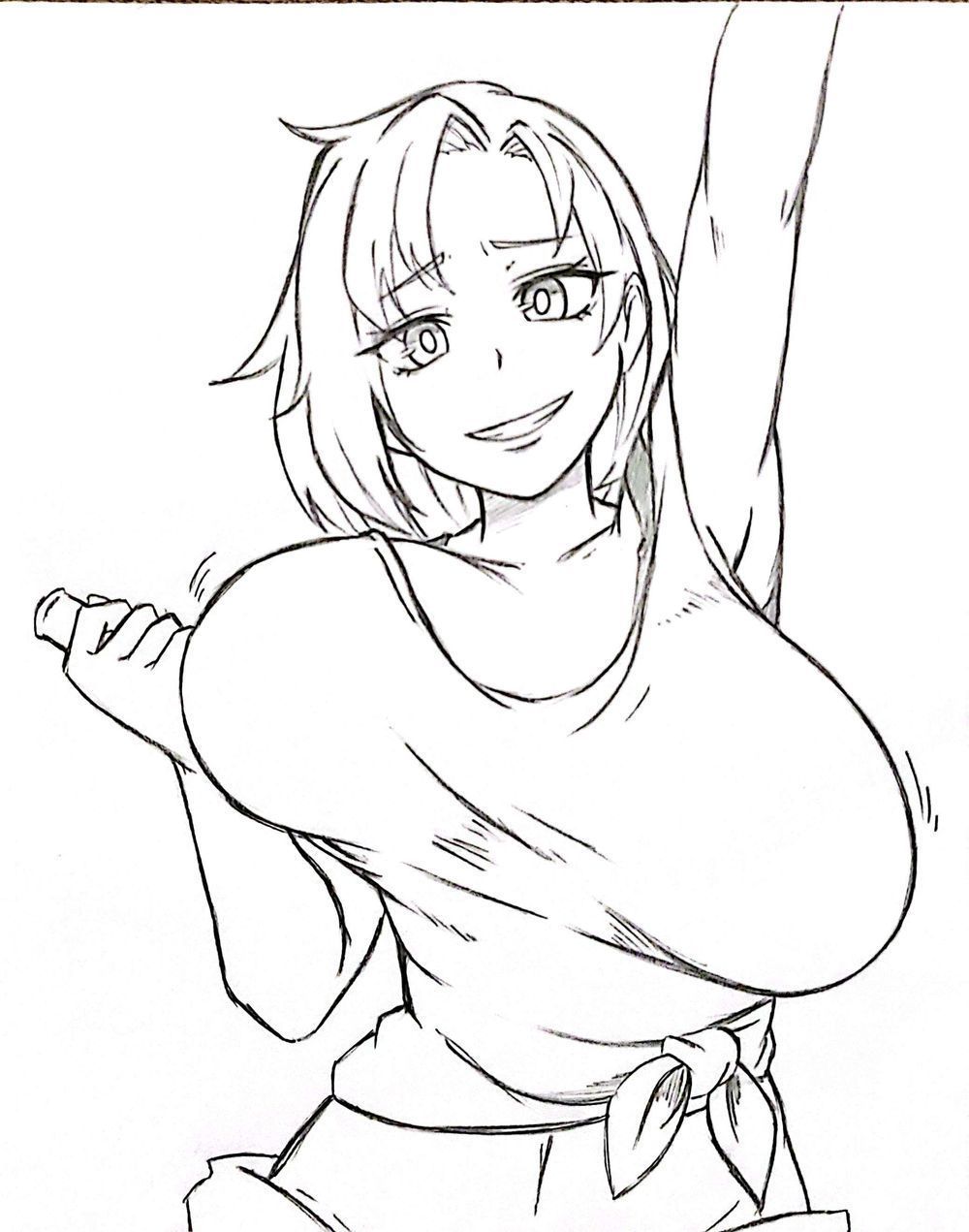 1girls big_breasts bouncing_breasts crop_top female female_focus female_only library_of_ruina limbus_company looking_at_viewer olga_(library_of_ruina) project_moon short_hair sketch smile