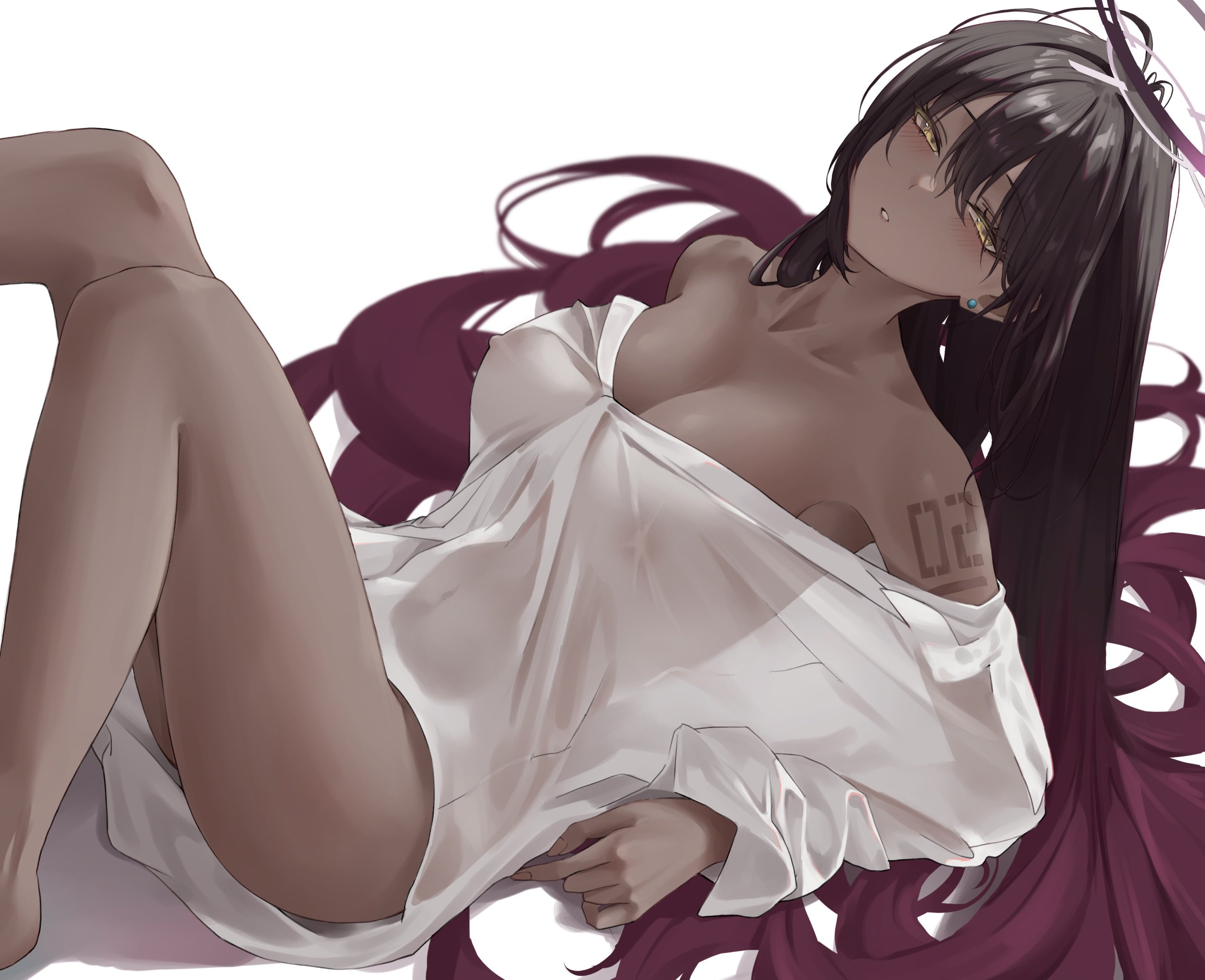 blue archive, breasts, cleaning & clearing (blue archive), collared shirt, female, karin (blue archive), large breasts, millennium science school student, nipples visible through clothing, reclining, see-through, see-through clothing, thighs, white shirt