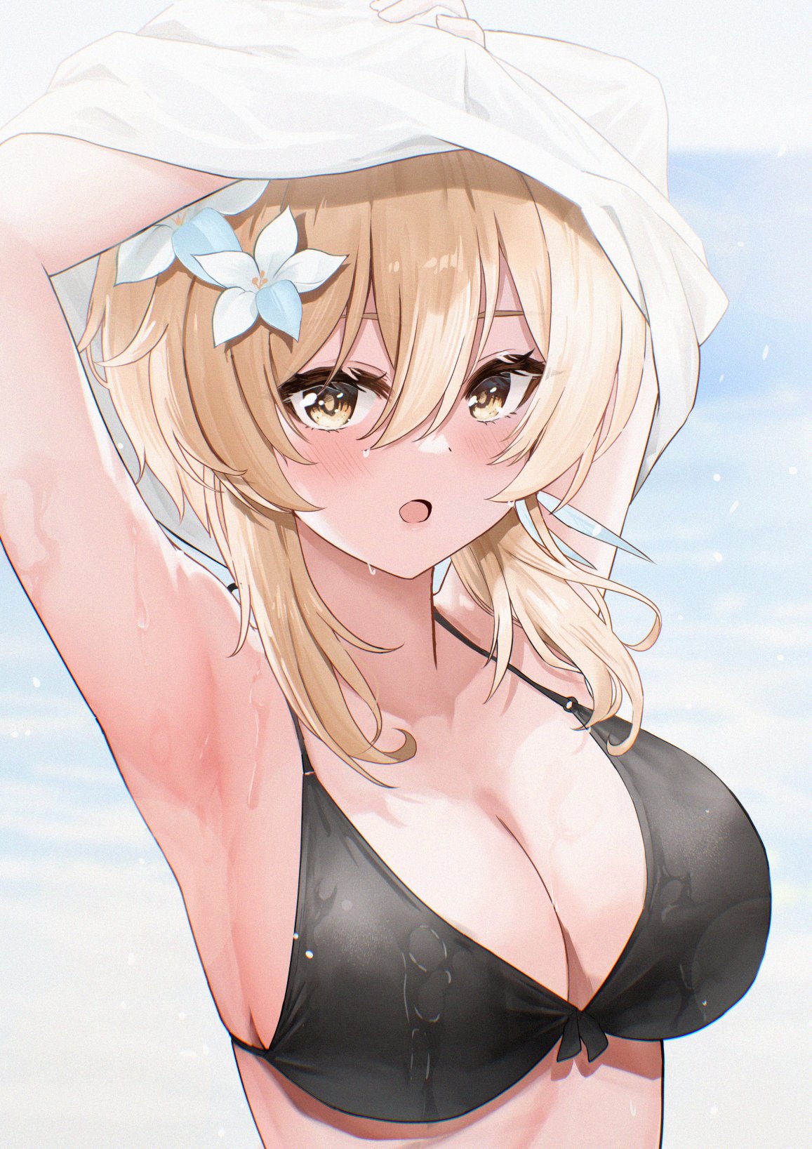 1girls 2d 2d_(artwork) alternate_breast_size arms_up ayul_(ayulneri_92) big_breasts bikini bikini_top black_bikini black_bikini_top black_bra blonde_hair cleavage day female female_focus female_only flowers flowers_in_hair front_view genshin_impact high_resolution highres huge_breasts light-skinned_female light_skin looking_at_viewer lumine_(genshin_impact) ocean open_mouth outdoors short_hair slim_girl solo solo_female solo_focus standing summer swimsuit two_piece_swimsuit water wet wet_body yellow_eyes young younger_female