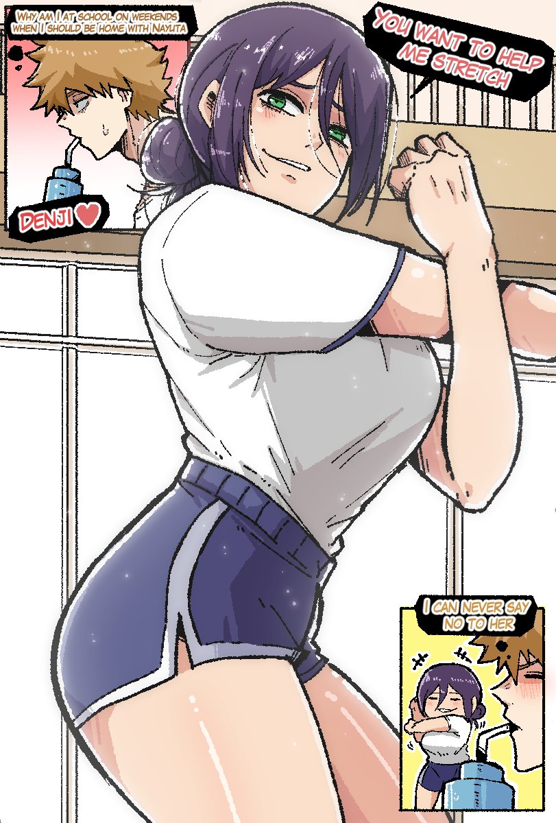 1boy, 1girls, blonde hair, blonde-haired male, chainsaw man, denji (chainsaw man), female, gym clothes, male, mark gavatino, purple hair, purple-haired female, reze (chainsaw man), sex, tagme