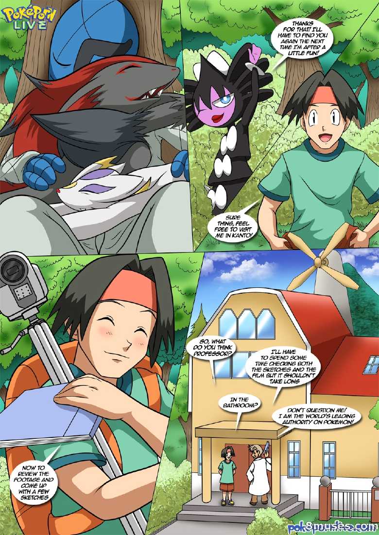 backpack blush blushing book camera comic forest game_freak house no_sex palcomix pokemon pokemon_(species) pokepornlive professor_oak tagme tracey_sketchit trees watermark windmill zoroark