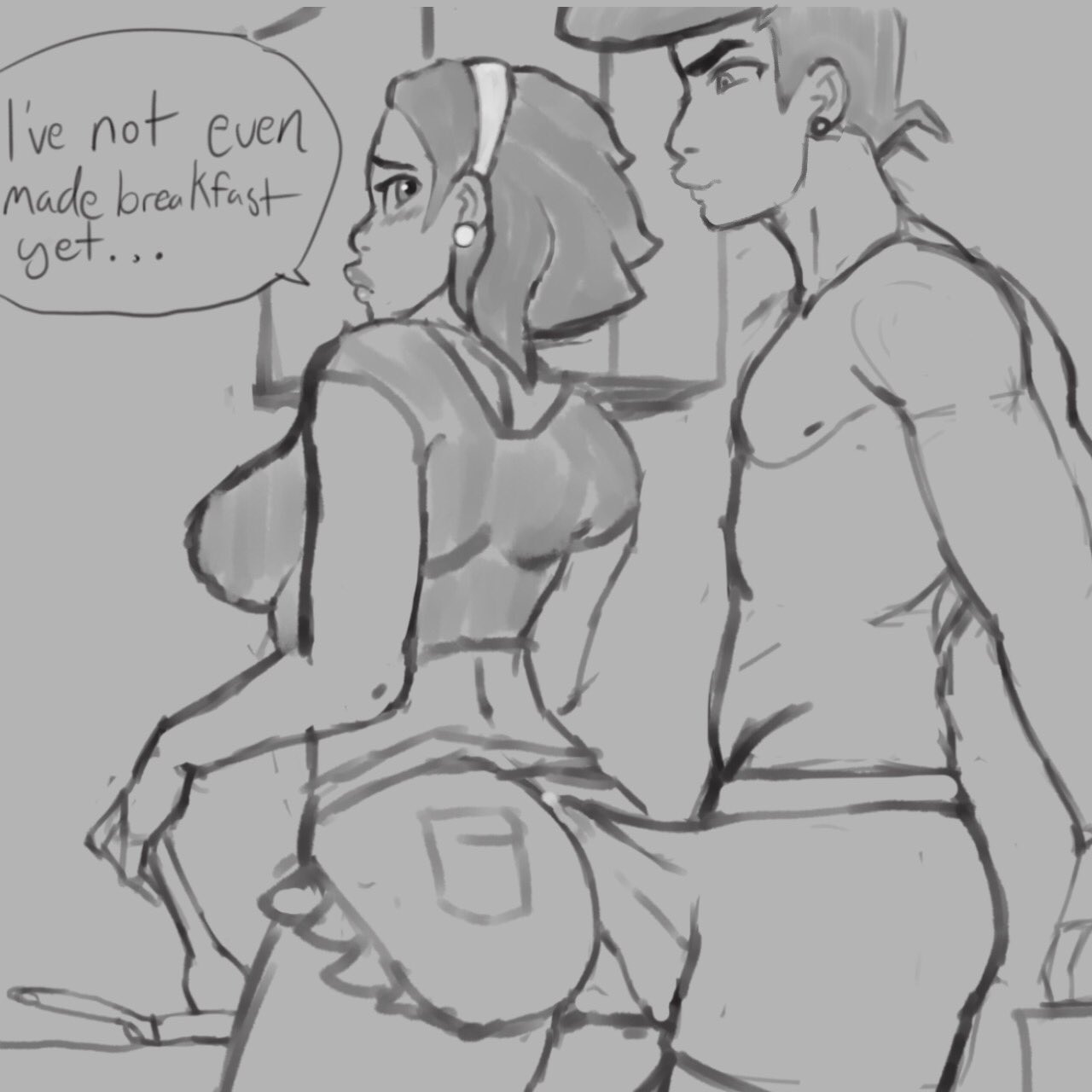 1girls, ass, assjob, blush, breasts, briefs, bulge, buttjob, cooking, crop top, diamond is unbreakable, earrings, erection, erection under clothes, female, headband, human, incest, jojo's bizarre adventure, josuke higashikata, jumbogumbo, lips, looking back, male, milf, mother, mother and son, penis, penis under clothes, short hair, shorts, shounen jump, tomoko higashikata