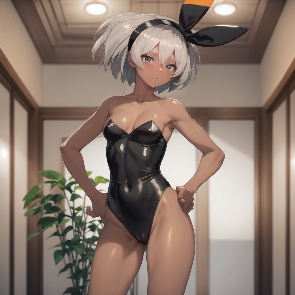 1girls 2d ai_generated bare_arms bare_back bare_shoulders bare_thighs bea_(pokemon) big_breasts black_bunny_ears black_leotard bow_tie bowtie breasts brown_body brown_skin bunny_ears bunny_girl bunny_tail bunnygirl bunnysuit cleavage dark-skinned_female exposed_breasts female female_only fluffy gray_eyes gray_hair grey_hair highres leotard lingerie looking_at_viewer low-angle_view mall medium_breasts nintendo partially_clothed playboy_bunny pokemon pokemon_ss pov pussy sad short_hair solo thick thick_ass thick_thighs