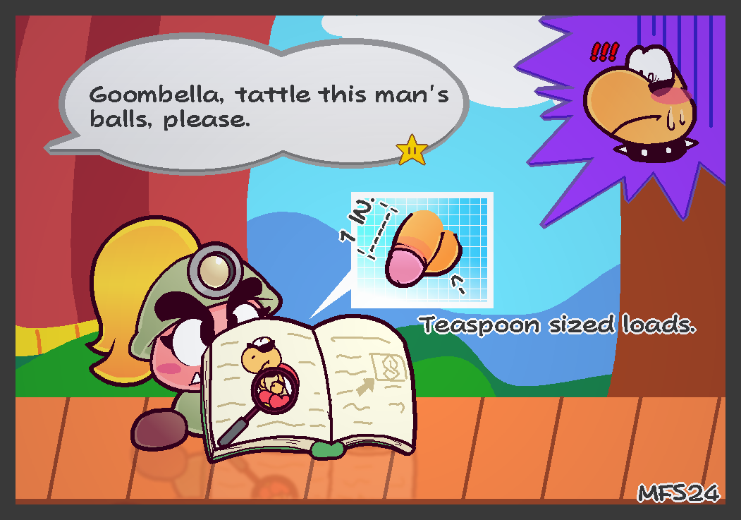 2024 armor blonde_hair blush bodily_fluids book circumcised collar cool_s courtains eyebrows fangs female genitals goomba goombella hair headgear helmet humiliation koopa koopa_troopa male mario_(series) matchesyashi meme nintendo paper_mario paper_mario:_the_thousand-year_door paper_mario:_the_thousand-year_door_(nintendo_switch) penis penis_humiliation reflection sack scalie small_penis small_penis_exposure small_penis_humiliation speech_bubble spiked_collar spikes stage stage_curtains star sweat sweatdrop teeth text