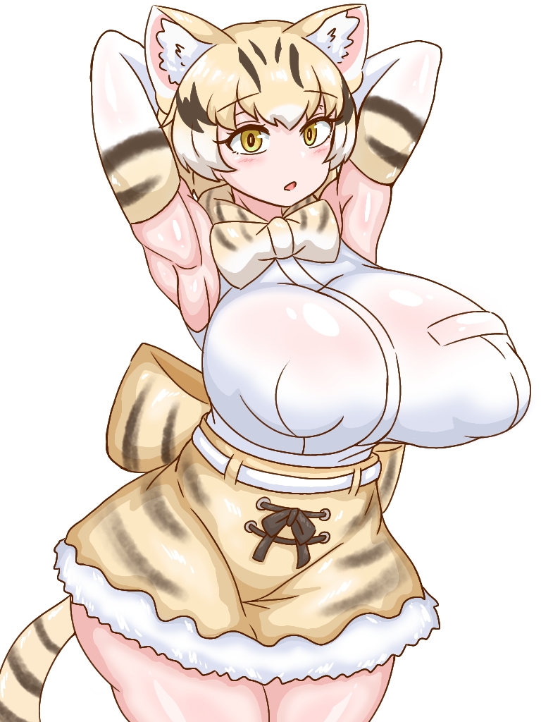 1girls armpits arms_behind_head big_breasts big_thighs breasts busty female female_only gigantic_breasts huge_breasts huge_thighs kemono_friends large_breasts large_thighs massive_breasts sand_cat_(kemono_friends) sangchussam thick_thighs thighs