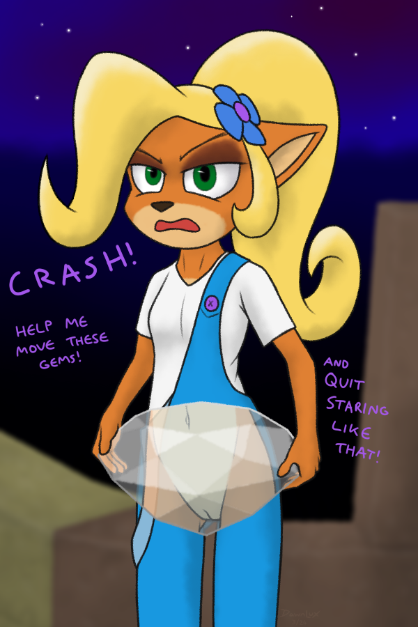 4_fingers accessory accident accidental_exposure activision annoyed anthro bandicoot biped blonde_hair blue_clothing blue_clothing_white_clothing blue_overalls bottomwear breasts button_(fastener) clothed clothing coco_bandicoot countershade_face countershade_torso countershading crash_(series) dawnlux digital_media_(artwork) english_text eyebrows female fingers fur gem genitals green_eyes hair hair_accessory long_hair looking_at_viewer mammal marsupial multicolored_body multicolored_fur navel open_mouth orange_body orange_fur overalls pussy shirt solo text topwear translucent translucent_clothing two_tone_body two_tone_fur unaware white_clothing white_shirt white_topwear x-ray