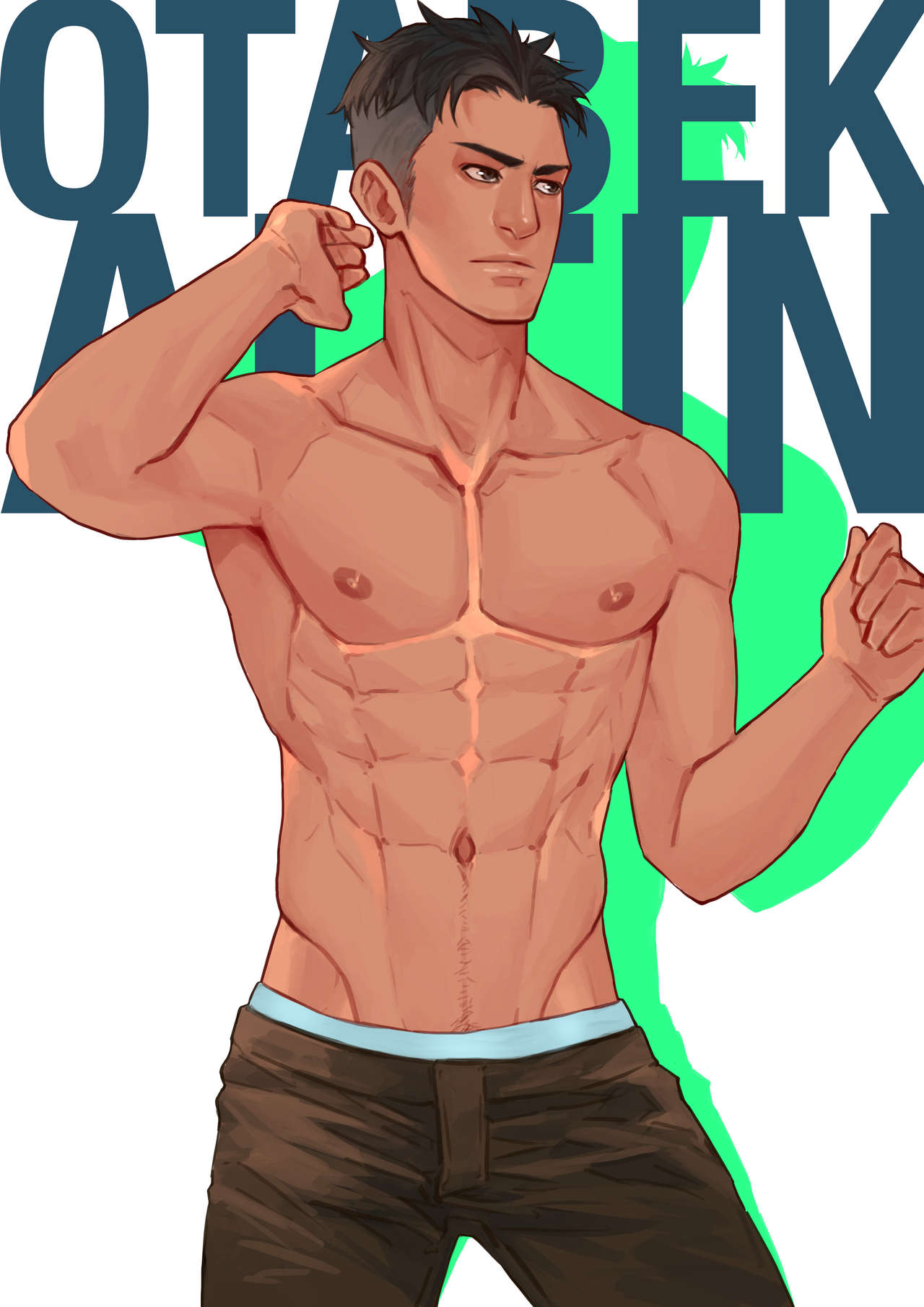 abs black_eyes black_hair black_pants happy_trail male male_only maorenc otabek_altin solo solo_male tan_skin underwear_band yuri!!!_on_ice