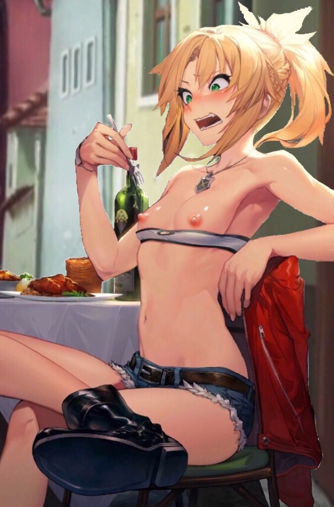 belly, belly button, blonde hair, blush, boots, braids, breast outside, breasts, edit, erect nipples, fate (series), fate/apocrypha, fate/grand order, female, female only, green eyes, mordred (fate), necklace, nipples, open mouth, ponytail, shorts, small breasts, tagme