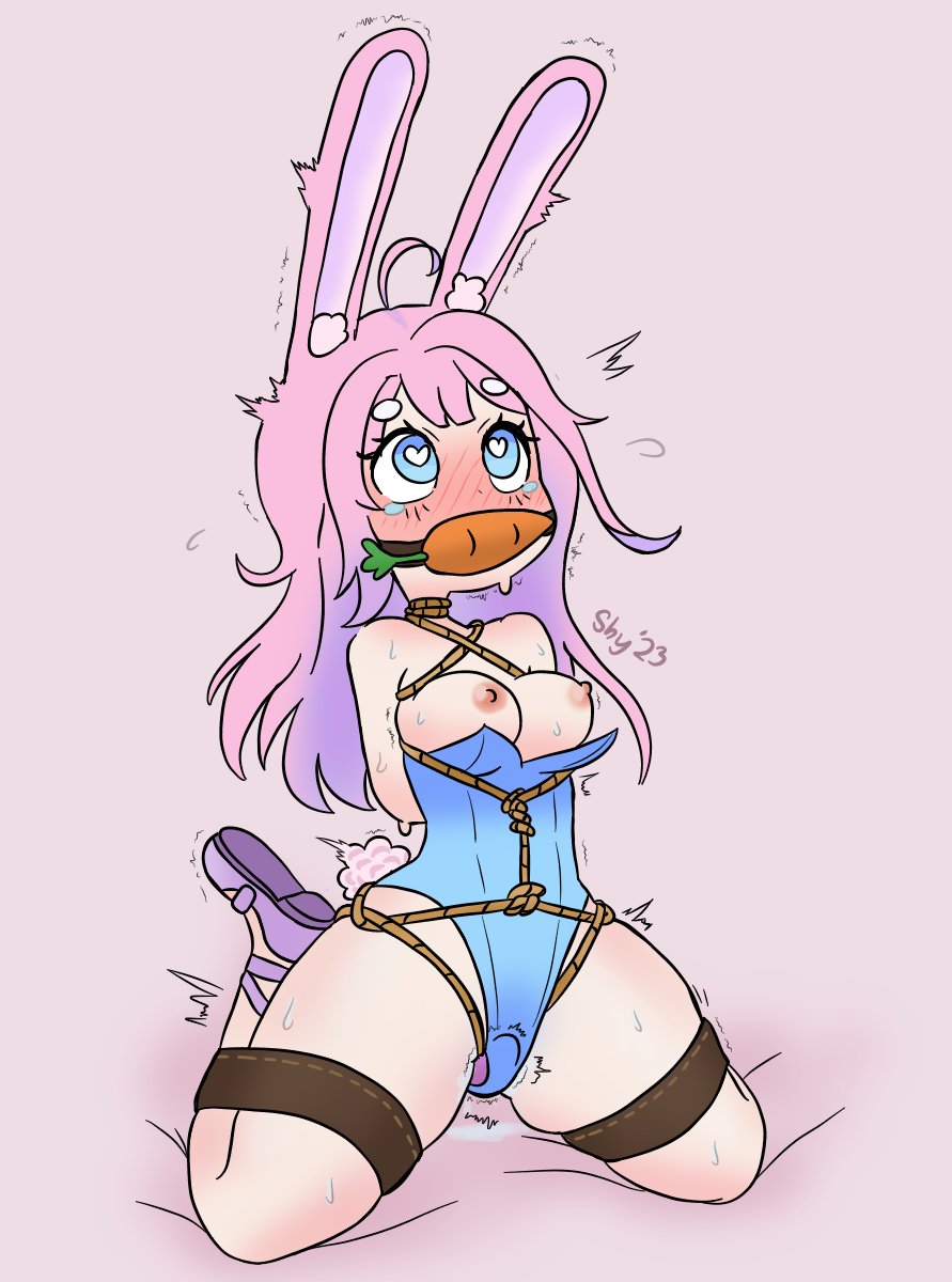 1girls blush bondage bunny_ears bunny_girl carrot female female_focus female_only heart-shaped_pupils medium_breasts restrained rope shigura_akegi shrailey shyrail3 thick_thighs tied_up trembling virtual_youtuber vtuber