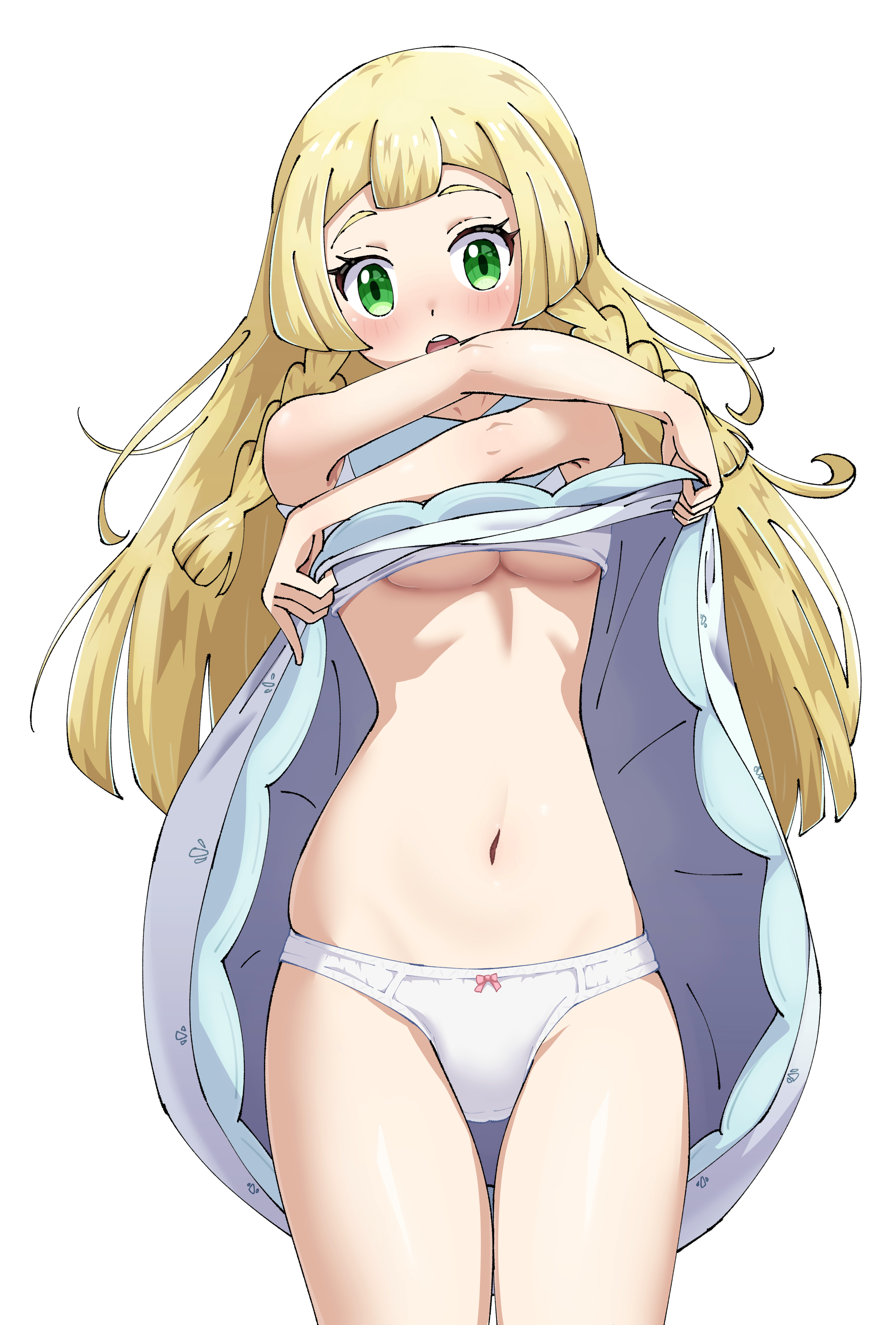 1girls, absurdres, blonde hair, blush, bow, bow panties, breasts, clothes lift, dress, dress lift, embarrassed, female, female only, green eyes, highres, lifting own clothes, lillie (pokemon), looking at viewer, maho (corotonton5150), navel, nintendo, open mouth, panties, pokemon, pokemon sm, small breasts, solo, sundress, underboob, underwear, undressing, white panties