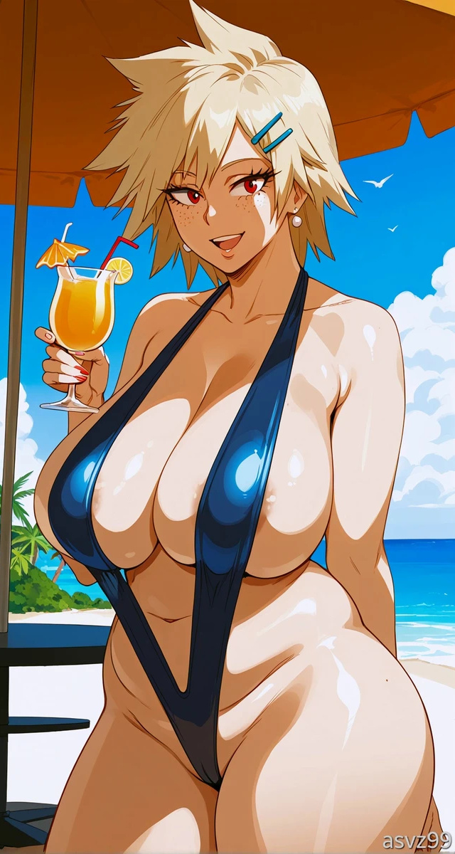 ai generated, bare thighs, beach, blonde hair, boku no hero academia, breasts, female, gigantic breasts, huge breasts, huge thighs, light skin, light-skinned female, looking at viewer, massive breasts, mature female, milf, mitsuki bakugou, my hero academia, red eyes, short hair, shounen jump, sling bikini, slingshot swimsuit, smiling, solo female, spiky hair, squatting, sweat, sweatdrop, thick body, thick female, thick thighs, thighs, voluptuous, voluptuous female