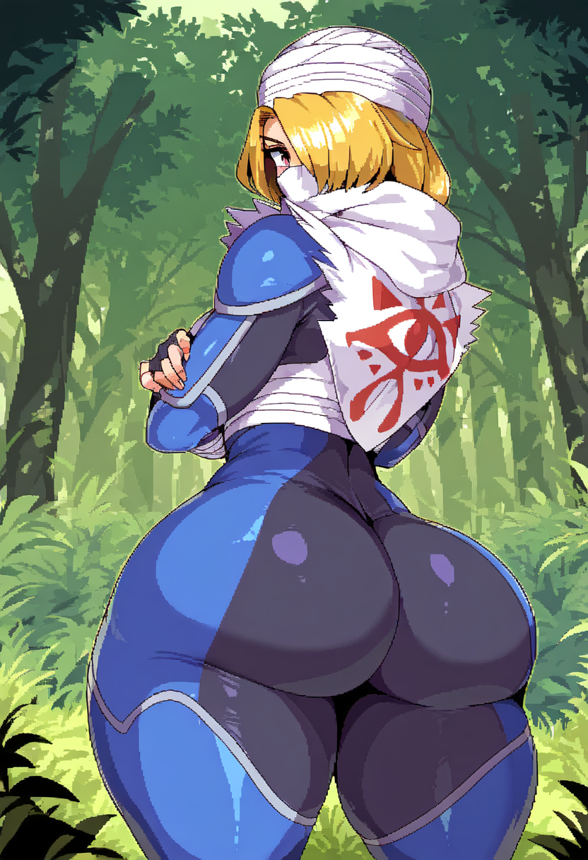 ai_generated back_view big_ass big_butt blonde_hair clothing female female_only full_body masked_female ocarina_of_time outdoors red_eyes sheik solo solo_female standing the_legend_of_zelda thick thick_thighs voluptuous wide_hips