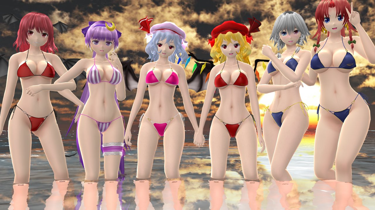 2023 3d_(artwork) 6girls bikini blonde_hair_female blue_bikini blue_eyes clouds cresent_moon crystal_wings embodiment_of_scarlet_devil flandre_scarlet green_bowtie group_focus hati_yukkuri_mmd headband heterochromia holding holding_another holding_arms holding_hands hong_meiling human koakuma light-skinned_female light_blue_hair long_hair_female looking_at_viewer mmd mob_cap patchouli_knowledge peace_sign pink_bikini purple_eyes purple_hair_female red_bikini red_eyes red_hair_female red_ribbon remilia_scarlet sakuya_izayoi sea short_hair_female sisters sky smiling_at_viewer striped_bikini succubus sunset swimsuit touhou vampire vampire_girl water white_hair_female wings wings_on_head yellow_bowtie youkai