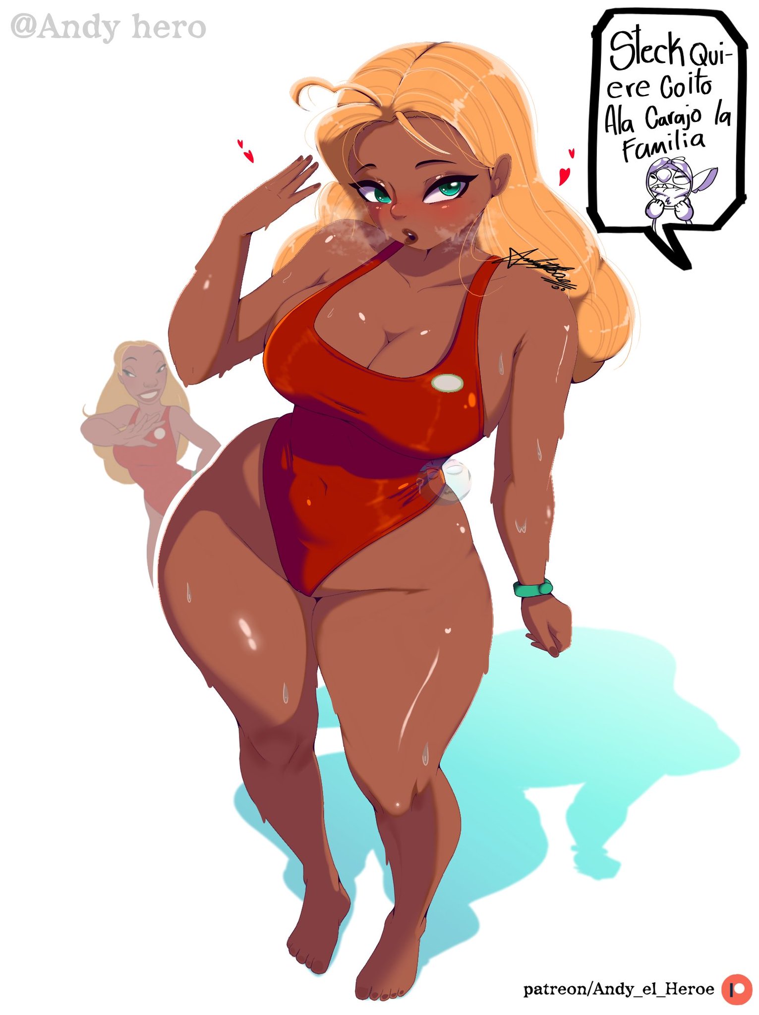 1girls, absurdres, alani (lilo and stitch), andy hero, athletic, athletic female, barefoot, big breasts, biracial, blonde hair, bracelet, breasts, brown skin, brown skinned female, caucasian, caucasian female, clothing, curvaceous, curvaceous female, curvy female, dark skin, dark-skinned female, disney, feet, female, fit, fit female, gal, green eyes, hawaiian, highres, human, human only, jewelry, lifeguard, lifeguard (lilo and stitch), lilo and stitch, lola the lifeguard, long hair, multiple views, not furry, olive skin, olive skinned female, one-piece swimsuit, red one-piece swimsuit, swimsuit, swimwear, tall, tall female, toes