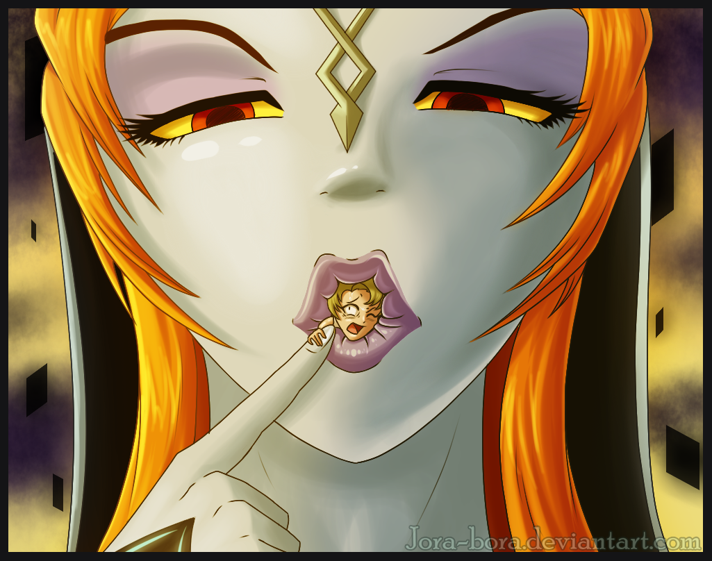 2girls deviantart eating giantess ilia interspecies jorabora lips macro midna nintendo oral oral_vore size_difference smaller_female swallowing text the_legend_of_zelda twili_midna twilight_princess url vore watermark