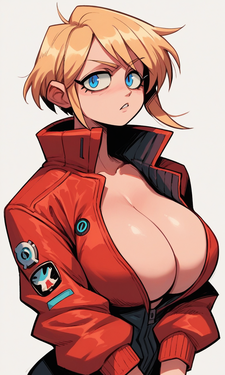 ai_generated blonde_hair blue_eyes cleavage female huge_breasts jacket kosine1777 kosineverse naked_jacket original original_character short_hair sylvia_(kosine1777) valbun_style