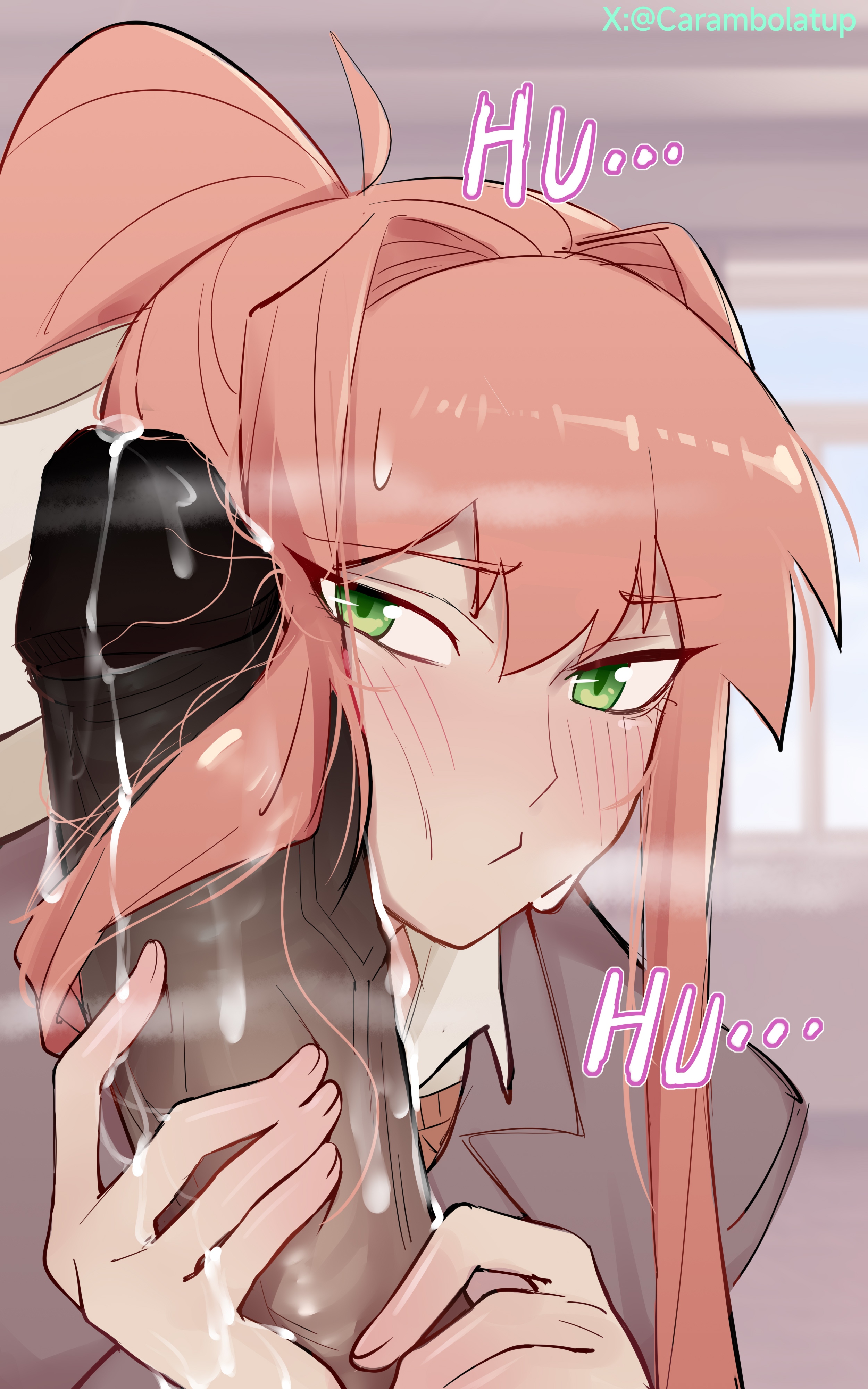 2d, carambolatup, cum, cum on hair, cum on hand, dark skin, dark-skinned male, doki doki literature club, ejaculation, female, hair on penis, hairjob, handjob, huge cock, human, human only, light skin, light-skinned female, looking at viewer, male, monika (doki doki literature club), penis, penis on face, pov