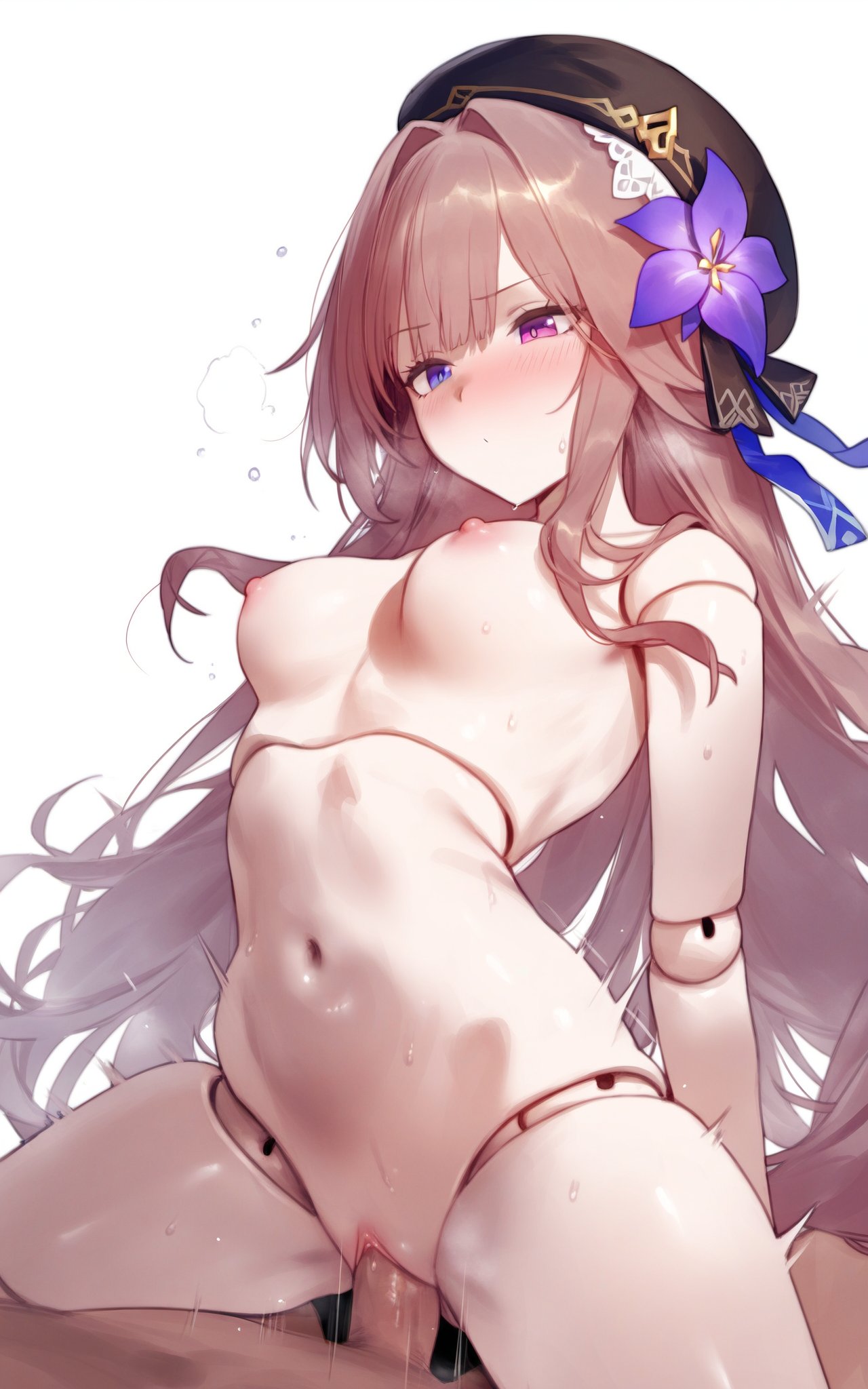 ai_generated bare_arms bare_belly bare_legs bare_shoulders bare_thighs belly_button blush breasts brown_hair completely_nude cowgirl_position doll doll_joints flower_in_hair hat herta_(honkai:_star_rail) heterochromia honkai:_star_rail long_hair medium_breasts nipples nude parted_lips pussy setsuaiart sex spread_legs sweat sweaty_body thighs visible_breath