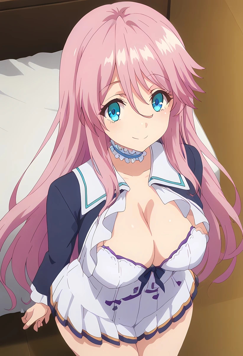 1girls ai_generated big_breasts blue_eyes female female_only flare_arlgrande_jioral horny kaifuku_jutsushi_no_yarinaoshi looking_at_viewer mommy_breasts pink_hair pixiv princess redo_of_healer slave solo