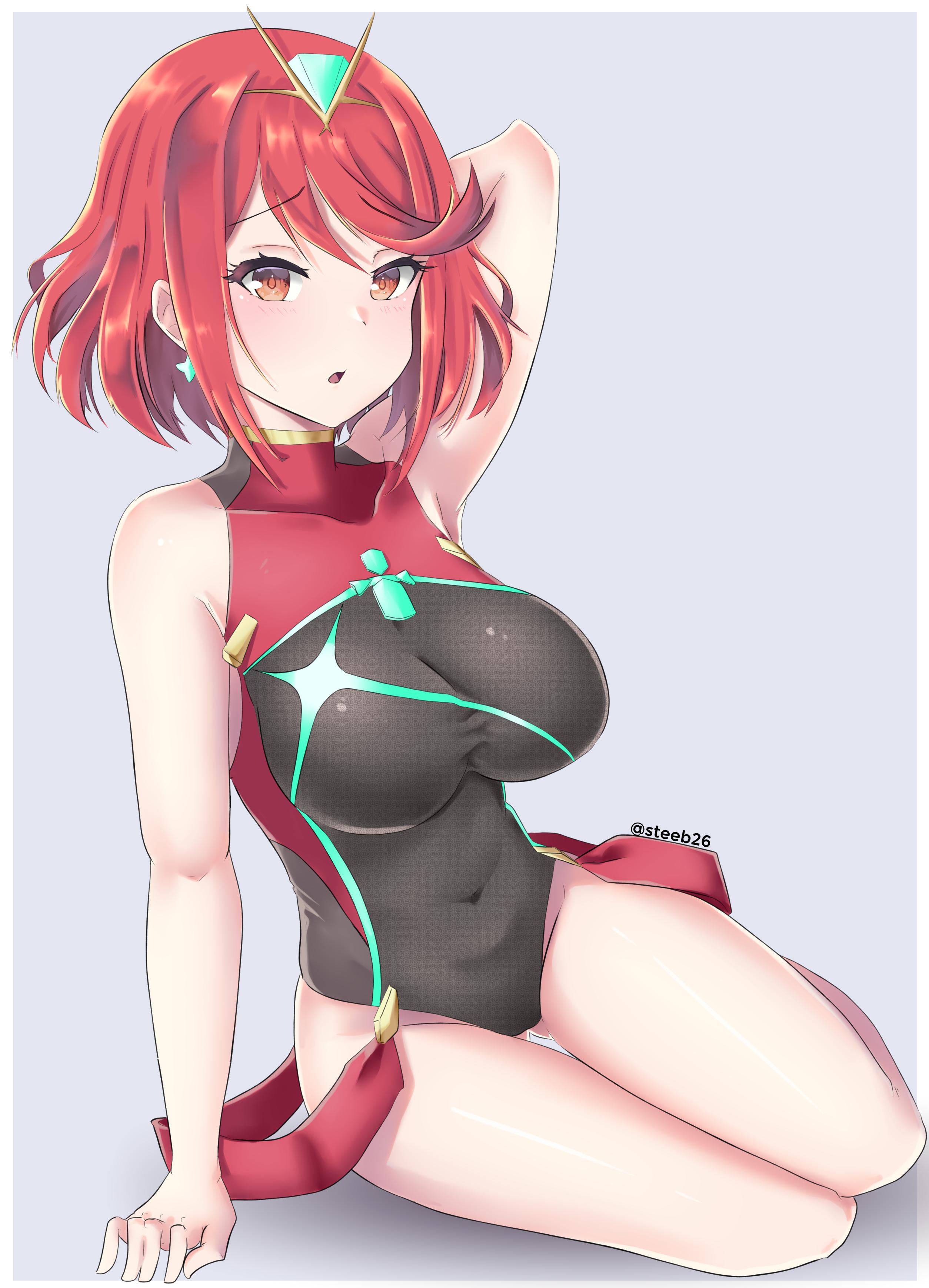 1girls, armpits, arms up, bangs, blush, breasts, competition swimsuit, covered navel, earrings, eyebrows visible through hair, female, gem, grey background, hair ornament, headpiece, highres, jewelry, large breasts, nintendo, one-piece swimsuit, open mouth, pose, pyra, red eyes, red hair, simple background, sitting, solo, steeb, swept bangs, swimsuit, tiara, xenoblade (series), xenoblade chronicles 2
