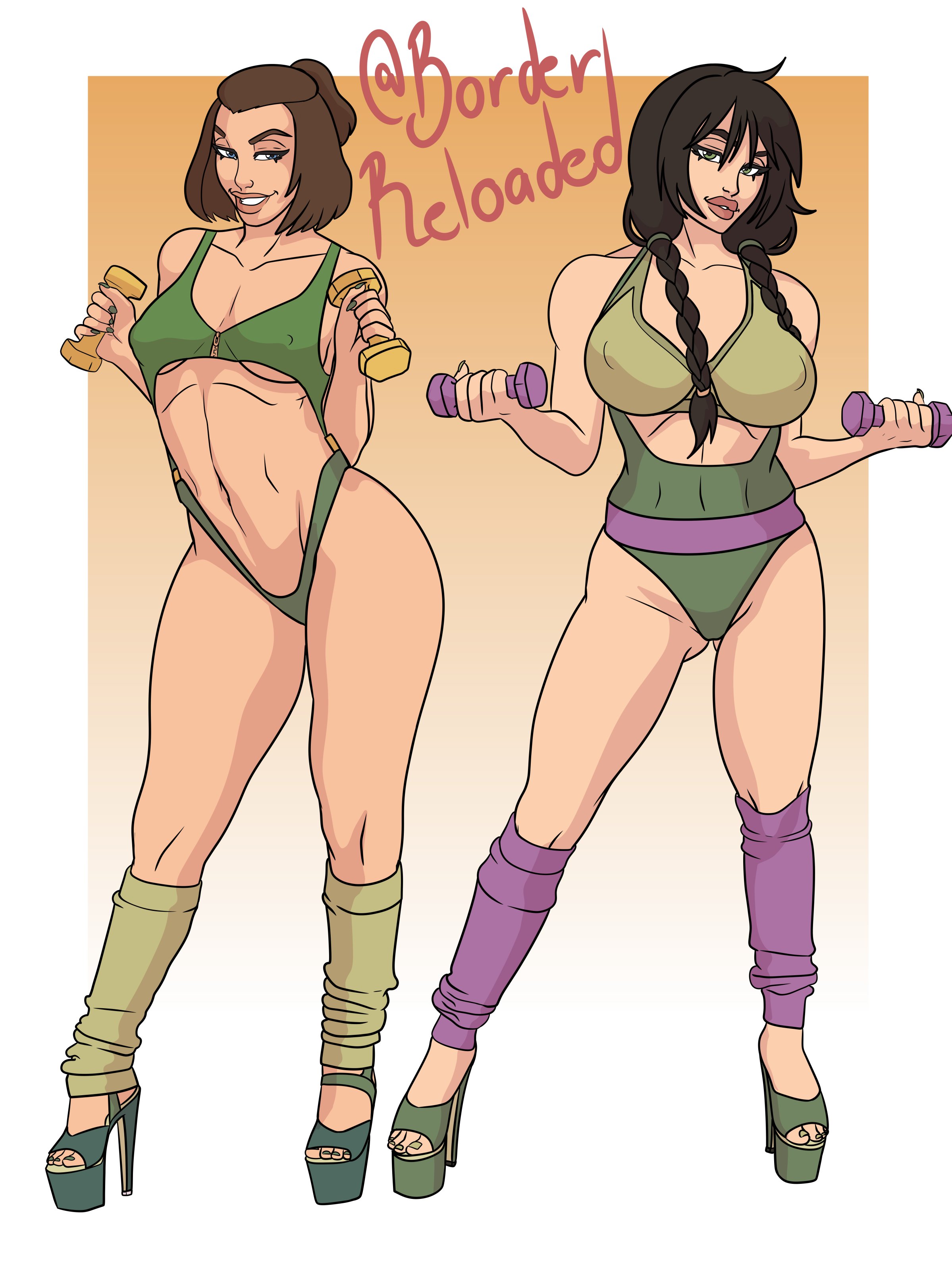 2girls, avatar legends, avatar the last airbender, borderreloaded, exposed hips, female, female only, high heels, highleg, hip cleavage, jin (avatar), legwarmers, leotard, multiple girls, platform heels, suki, workout clothes