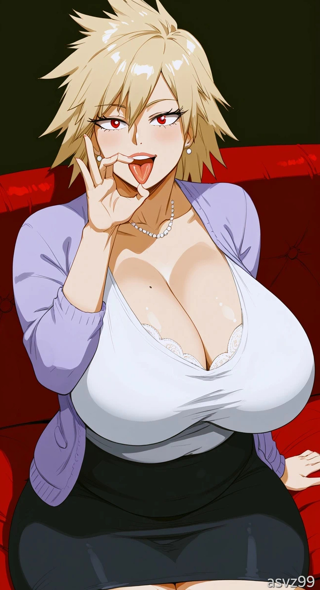 ai generated, bare thighs, blonde hair, boku no hero academia, breasts, fellatio gesture, female, gigantic breasts, huge breasts, huge thighs, light skin, light-skinned female, looking at viewer, massive breasts, mature female, milf, mitsuki bakugou, my hero academia, red eyes, short hair, shounen jump, solo female, spiky hair, thick body, thick female, thick thighs, thighs, tongue, tongue out, voluptuous, voluptuous female