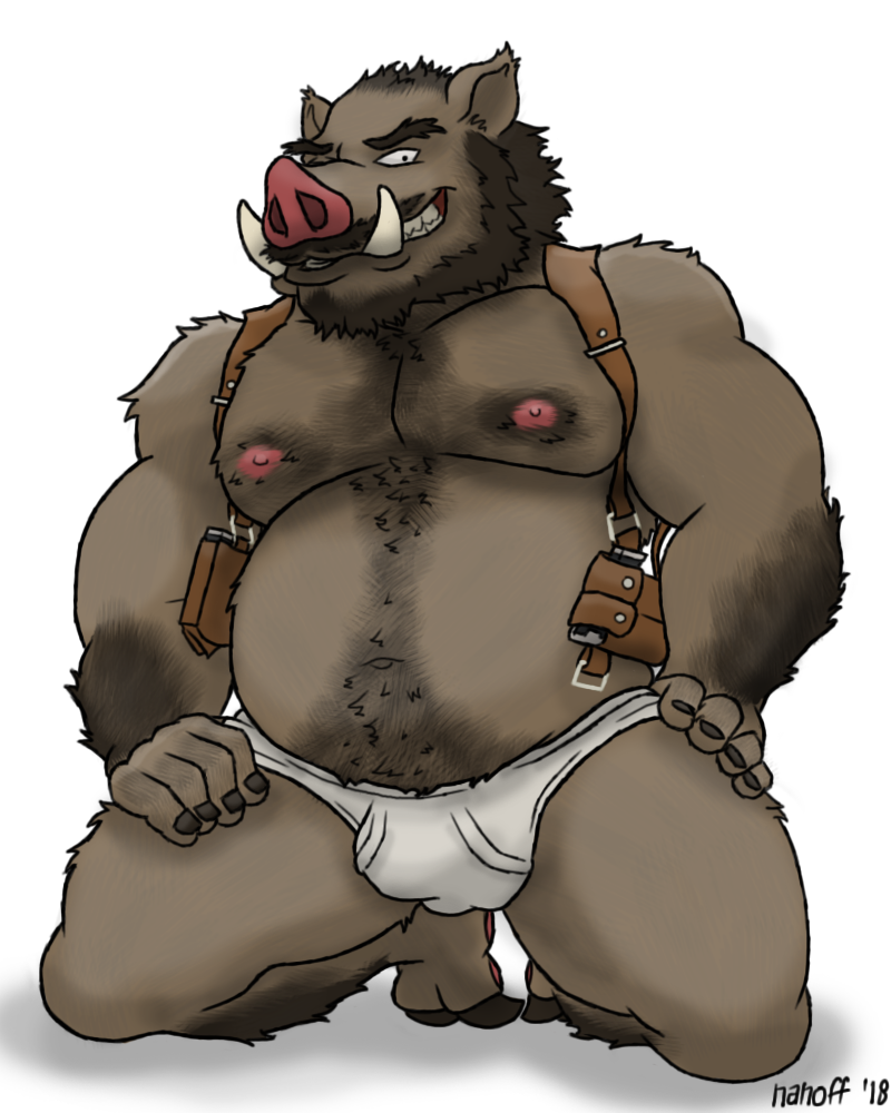 2018 5_fingers anthro beard briefs brown_hair bulge clothing facial_hair gun_holster hair jankowski kneeling male male_only mammal moustache nanoff navel nipples overweight overweight_male penis_outline simple_background smile solo suid suina sus_(pig) tusks underwear white_background white_clothing white_underwear wild_boar