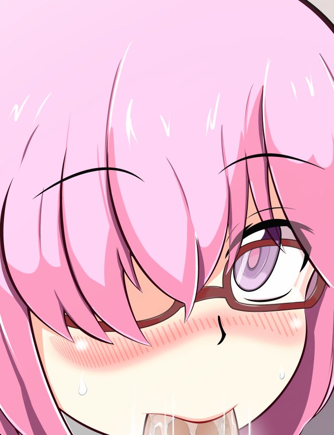 1boy bangs blush close-up fate/grand_order fate_(series) fellatio female glasses hair_over_one_eye hameneko mash_kyrielight oral pink_eyes pink_hair pov