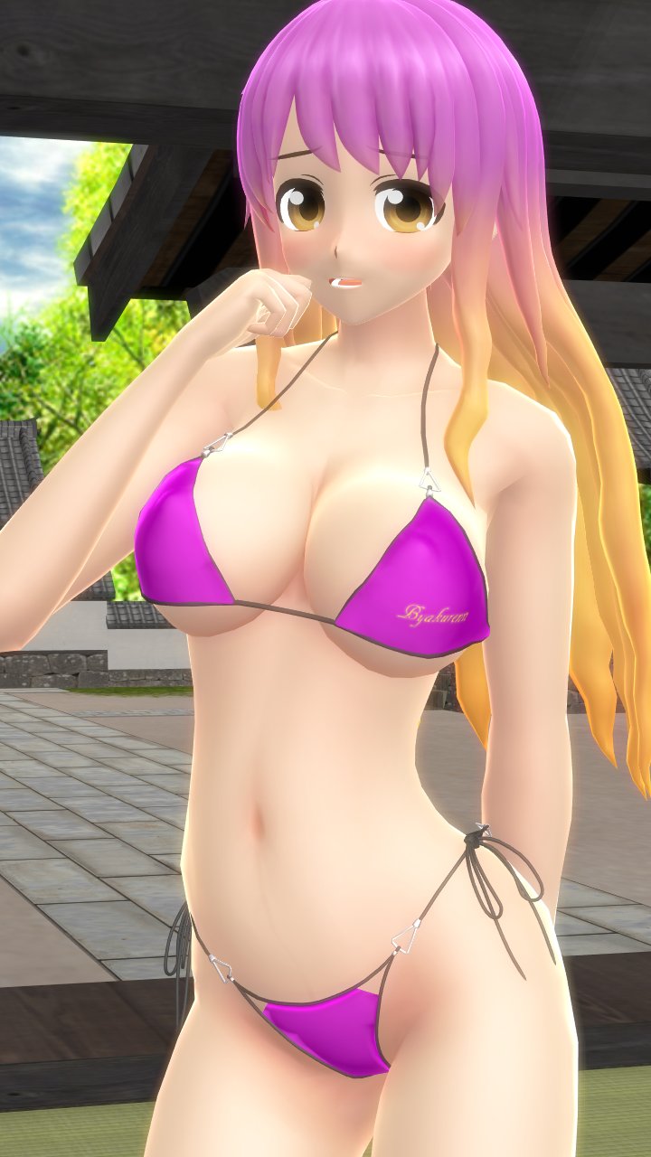 1girls 2023 3d_(artwork) bikini cleavage colored_hair double_color_hair hati_yukkuri_mmd hazel_eyes hijiri_byakuren indoors light-skinned_female long_hair_female looking_at_viewer mmd purple_bikini solo_female solo_focus swimsuit temple touhou undefined_fantastic_object