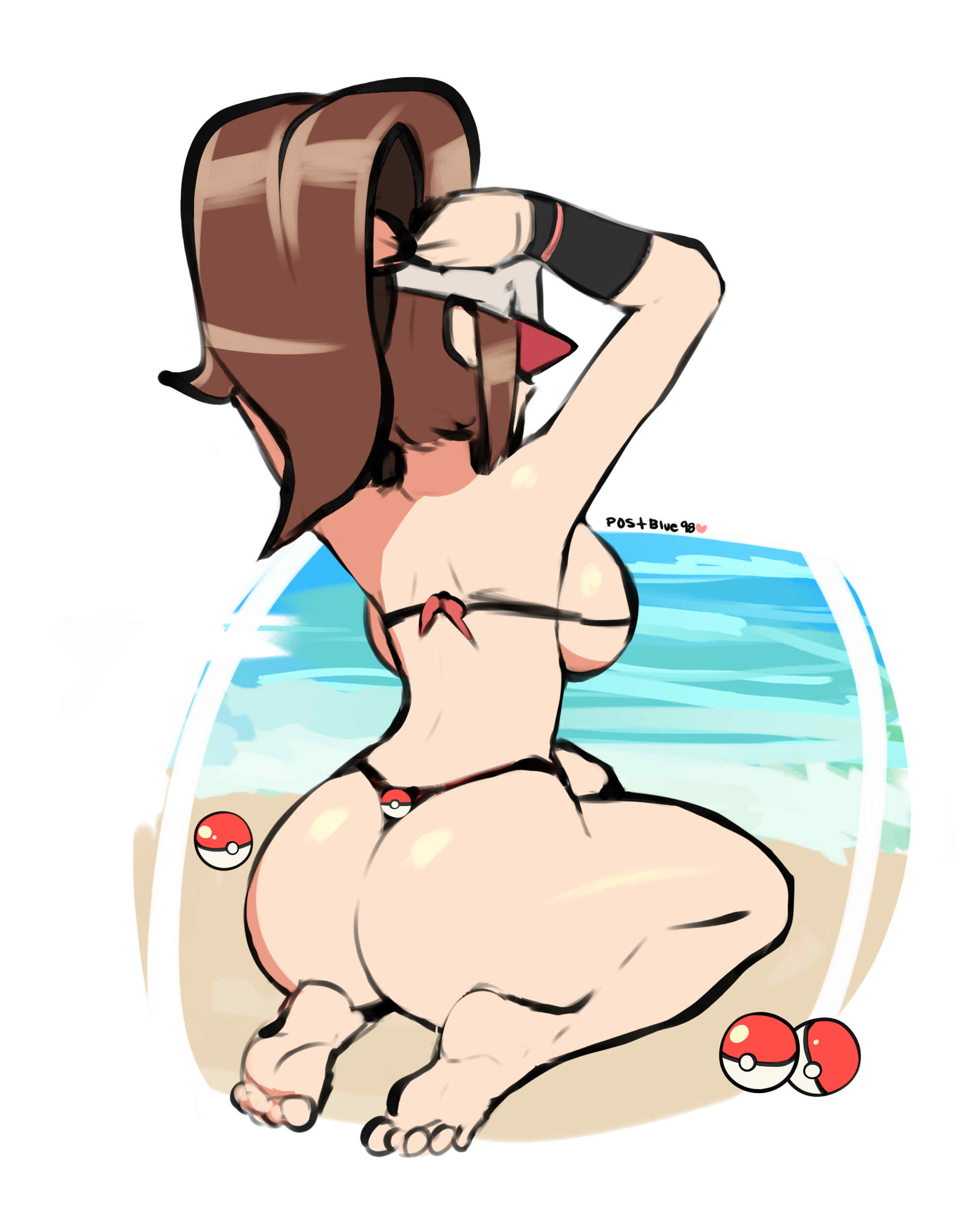 1girls, alternate breast size, armpits, arms up, artist name, ass, back, backboob, barefoot, baseball cap, beach, big ass, big breasts, big butt, bikini, bikini top, breasts, brown hair, brunette, busty, cap, clothed, clothes, clothing, color, colored, curvaceous, curvy, english, english text, feet, female, female focus, female only, hair lift, hat, hilda (pokemon), hourglass figure, huge ass, huge breasts, huge butt, human, kneeling, large breasts, long hair, looking away, nintendo, outdoors, outside, poke ball, pokemon, pokemon bw, ponytail, postblue98, round ears, sideboob, sketch, soles, solo, swimsuit, text, thick thighs, thin waist, thong, thong bikini, tied hair, toes, uncensored, voluptuous, watermark, white border, wide hips, wristband