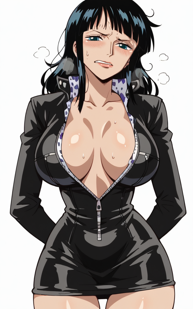 ai_generated black_dress black_hair blue_eyes frizzy_hair messy_hair nico_robin one one_piece thick_thighs thighhighs