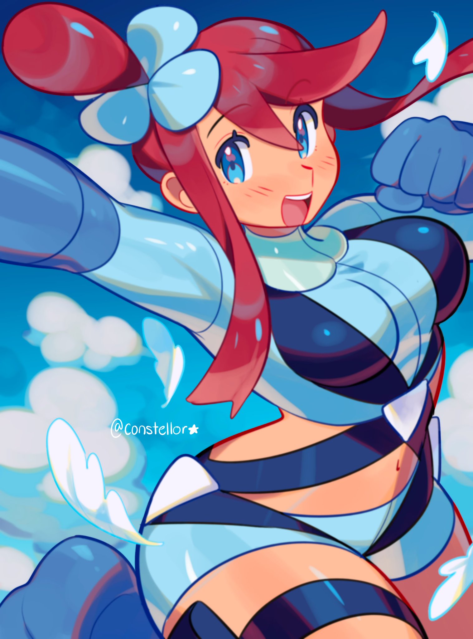 1girls, background, blue eyes, breasts, constellor, dark skin, female, female only, fully clothed, large breasts, latina, pokemon, red hair, skyla (pokemon), solo, solo female, thick thighs, watermark, wide hips
