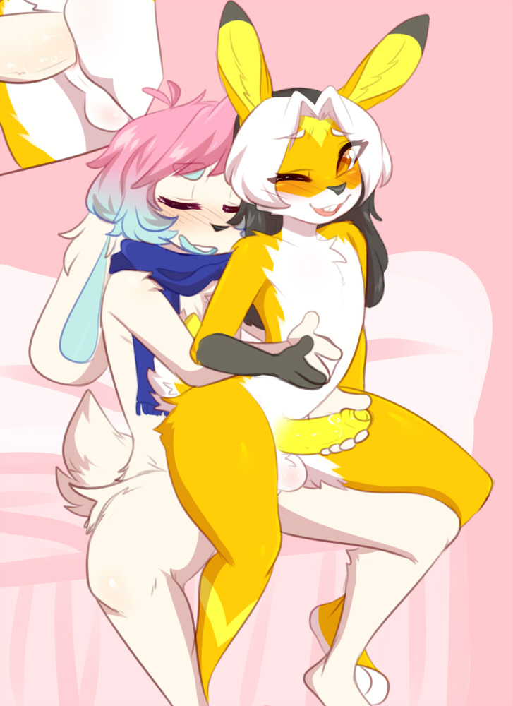 2019 anal anal_sex anthro anthro_on_anthro duo fur gay hair lagomorph leporid male male/male male_only mammal nickii orange_eyes penetration penis pink_hair rabbit yellow_fur yellow_penis