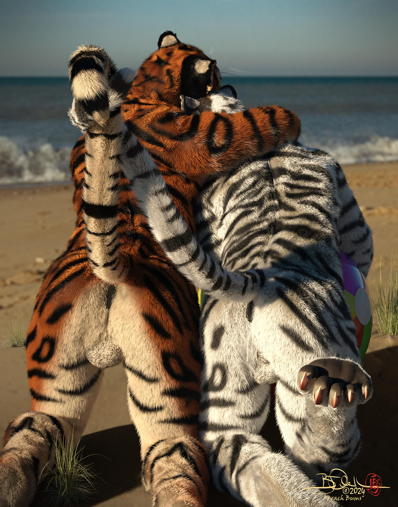 2024 3d anthro anus balls beach claws digital_media_(artwork) duo entwined_tails felid genitals hi_res hug kneeling male male/male mammal nude pantherine pawpads raised_tail rear_view sherwood signature tail tail_coil tiger toe_claws