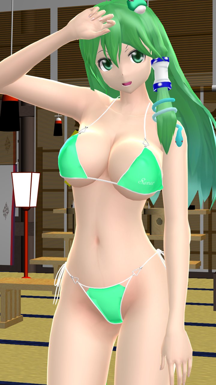 1girls 2023 3d_(artwork) bikini breasts cleavage frog_hair_ornament green_bikini green_eyes green_hair_female hati_yukkuri_mmd human indoors lamp light-skinned_female long_hair_female looking_at_viewer mmd mountain_of_faith one_arm_up sanae_kochiya shrine_maiden snake_hair_ornament solo_female solo_focus swimsuit touhou