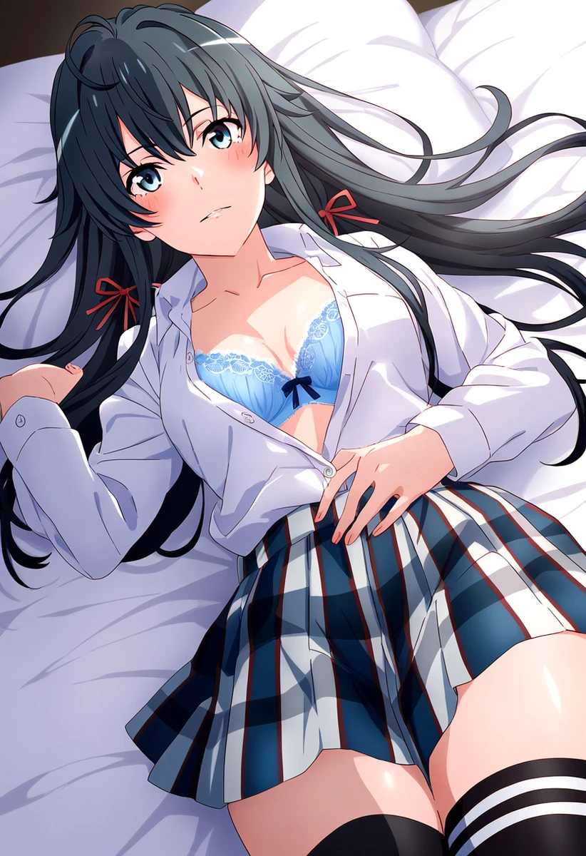 1girls ai_generated bed bedroom bra lying my_teen_romantic_comedy_snafu school_uniform solo yukinoshita_yukino