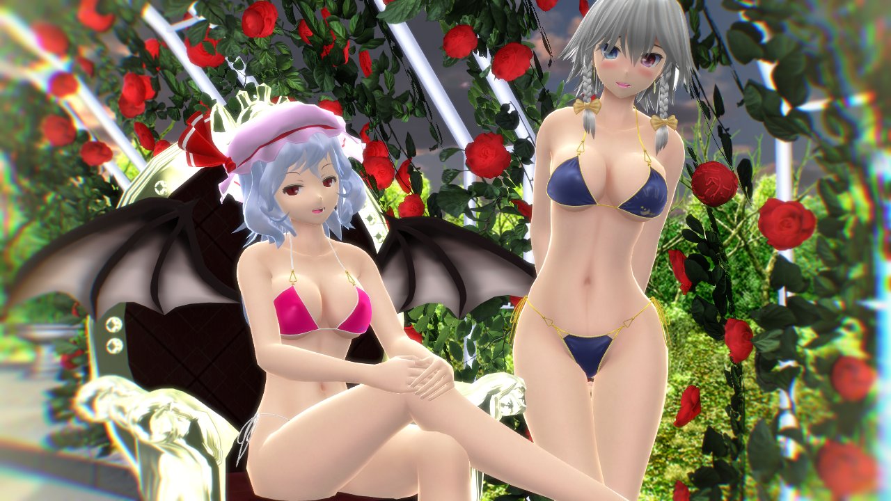 2023 2girls 3d_(artwork) bikini blue_bikini chair embodiment_of_scarlet_devil garden hati_yukkuri_mmd headwear heterochromia human leaves light-skinned_female light_blue_hair maid mikumikudance mmd mob_cap ornate outdoors outside pink_bikini red_eyes remilia_scarlet roses sakuya_izayoi short_hair_female sitting_on_chair swimsuit touhou vampire_girl vampire_wings white_hair_female wings yellow_bowtie