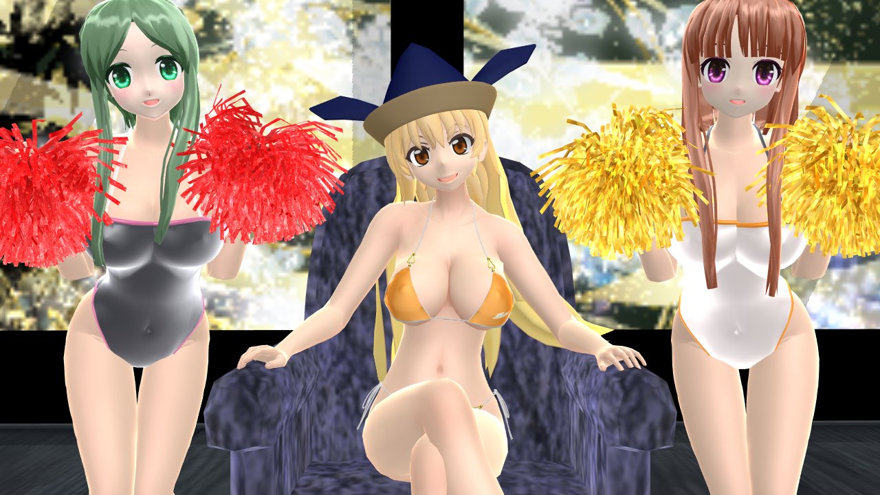 2023 3d_(artwork) 3girls belly_button bent_over bikini black_swimsuit blonde_hair_female breasts brown_eyes brown_hair_female chair cleavage deity god green_eyes green_hair_female hat hati_yukkuri_mmd headwear hidden_star_in_four_seasons human light-skinned_female long_hair_female looking_at_viewer mmd nishida_satono okina_matara pink_eyes pom_poms red_pom_poms sitting_on_chair smiling_at_viewer swimsuit teireida_mai touhou trio_focus white_bikini yellow_bikini yellow_pom_poms